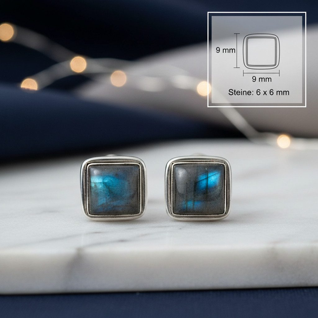 mantraroma Paar Ohrstecker SARALA eckig klein aus 925 Silber mit Labradorit (Paar, Paar Ohrringe mit Schmuckbeutel), 925 Sterling Silber Ohrringe für Damen – Bild 2 von 4