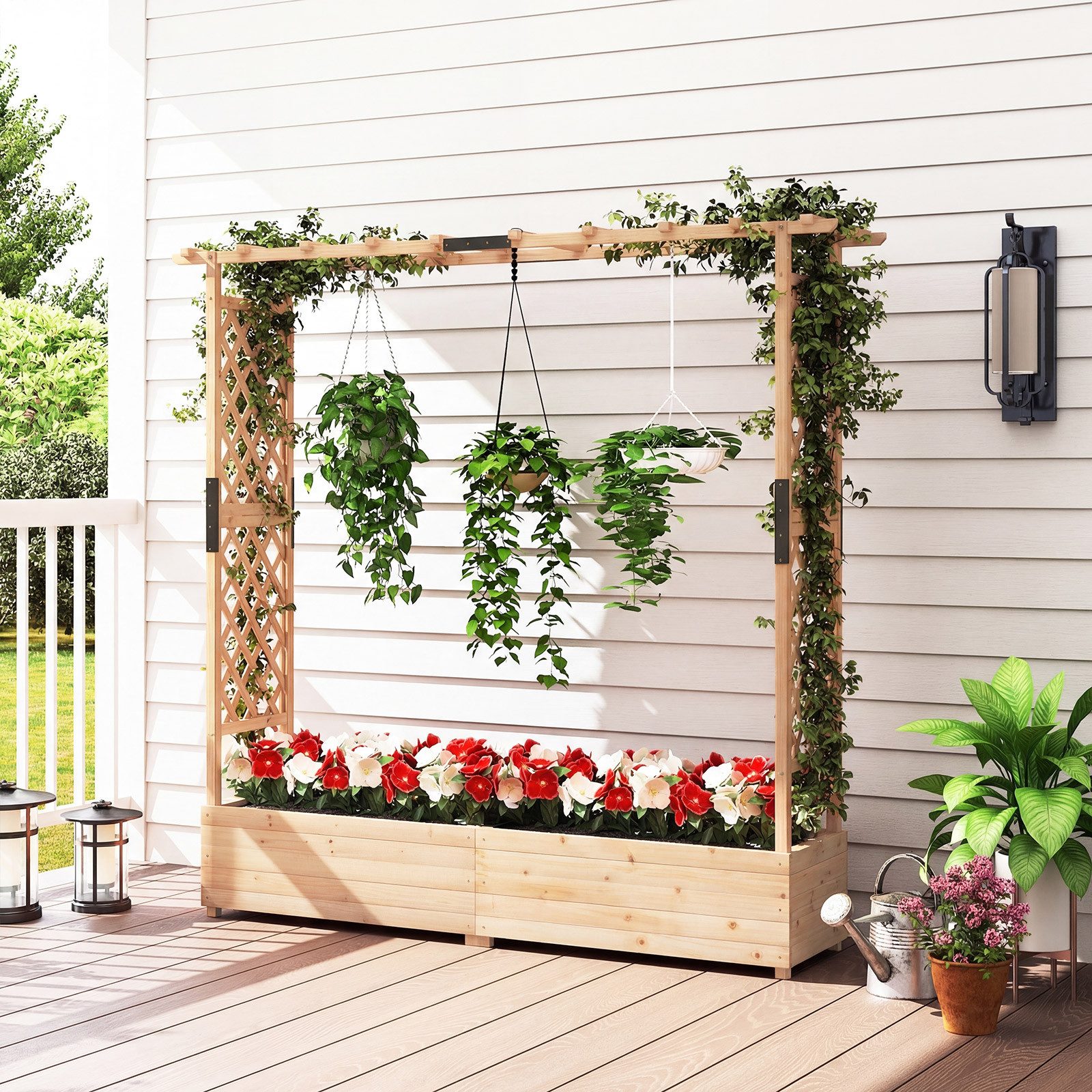 COSTWAY Blumenkasten (1 St), Hochbeet mit Rankgitter, für Kletterpflanzen, 196 x 44 x 182 cm