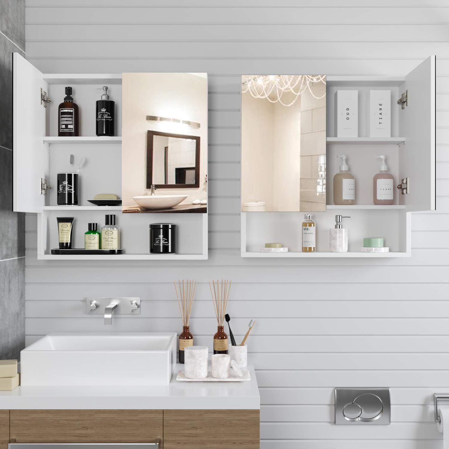 Homfa Spiegelschrank weiß mit Hängeschrank, 53x58x13cm, Ablage, und Badezimmerschrank, Türen