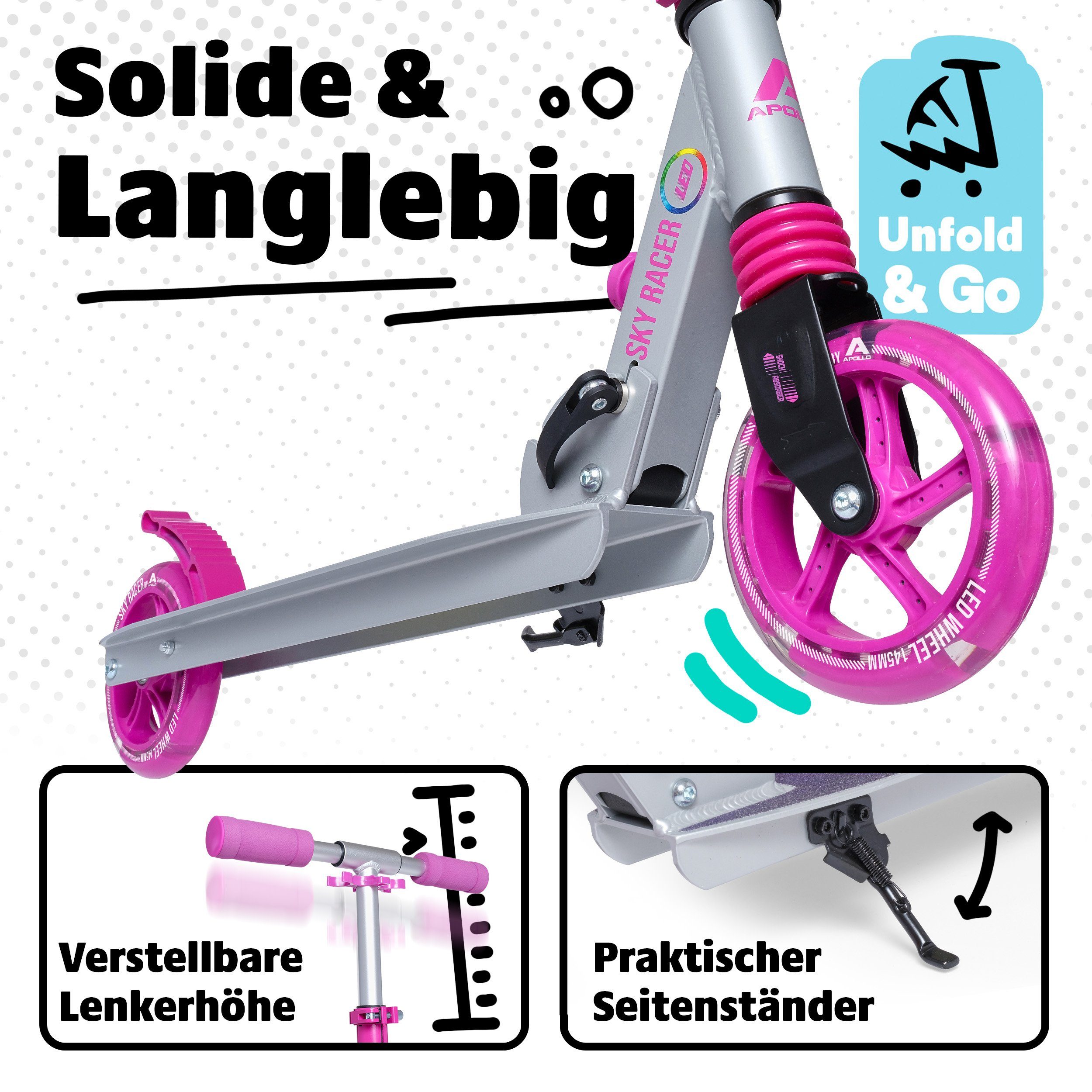 Apollo Cityroller Skyracer LED City Scooter Kinder, Tretroller mit Federung, klappbarer Kinderroller, höhenverstellbar