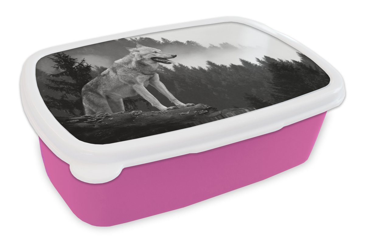MuchoWow Lunchbox Wolf - Wald - Schwarz - Weiß, Kunststoff, (2-tlg), Brotbox für Erwachsene, Brotdose Kinder, Snackbox, Mädchen, Kunststoff rosa