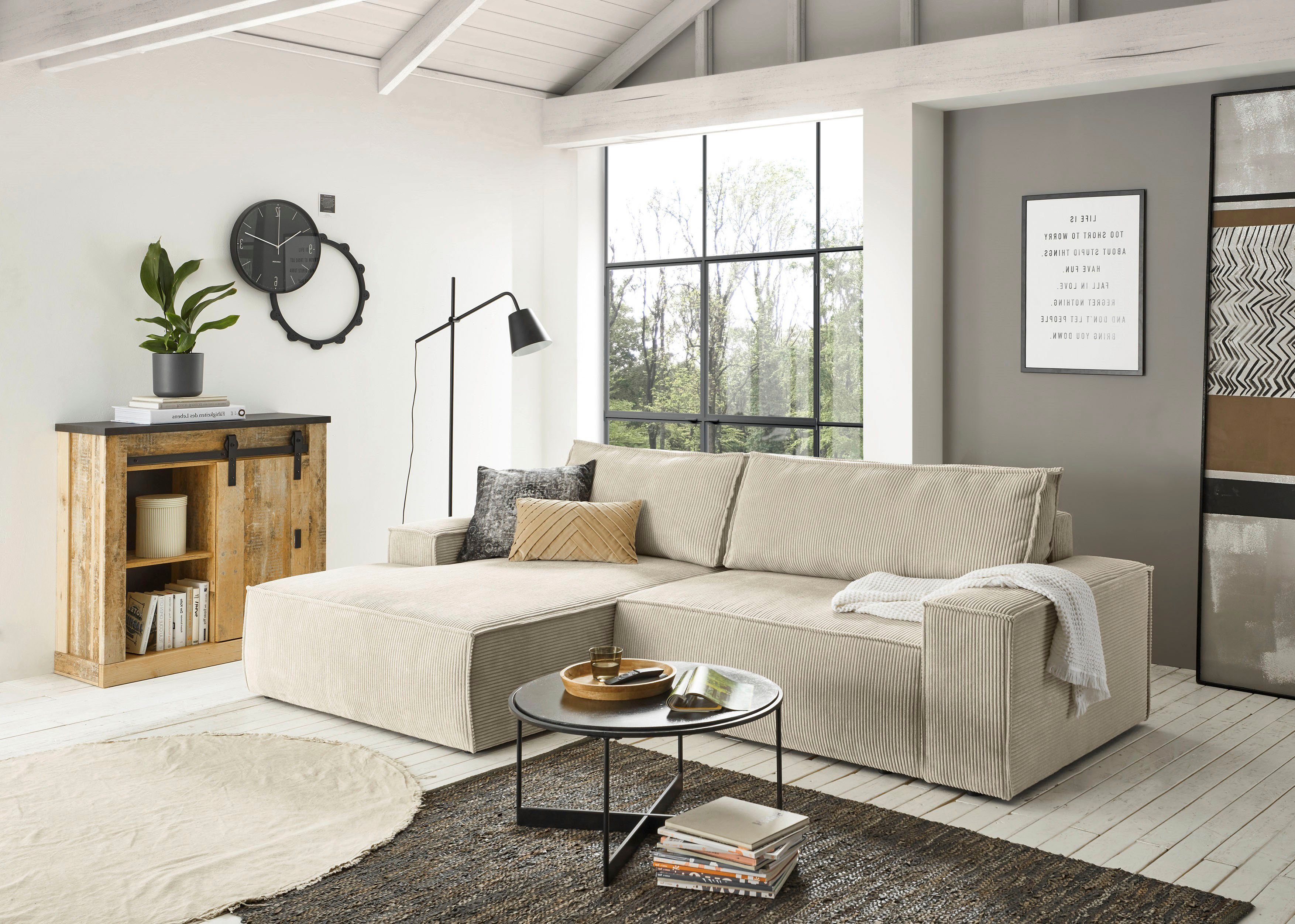 OTTO home Ecksofa SHERWOOD Cord L-Form, 267 cm - OTTO. Verlässliche Qualität., Schlaffunktion mit Bettkasten (210x136 cm), Cord, Vintage, Samtvelours