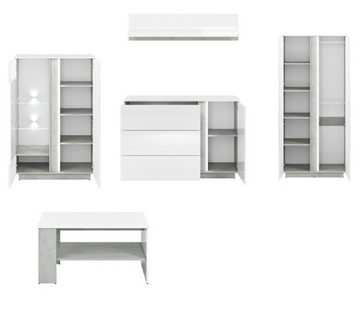 Feldmann-Wohnen Wohnzimmer-Set LUMENS, (Set, 1 Vitrine + 1 Sideboard + 1 Stauraumschrank + 1 Wandregal + 1 Couchtisch), inkl. LED-Beleuchtung