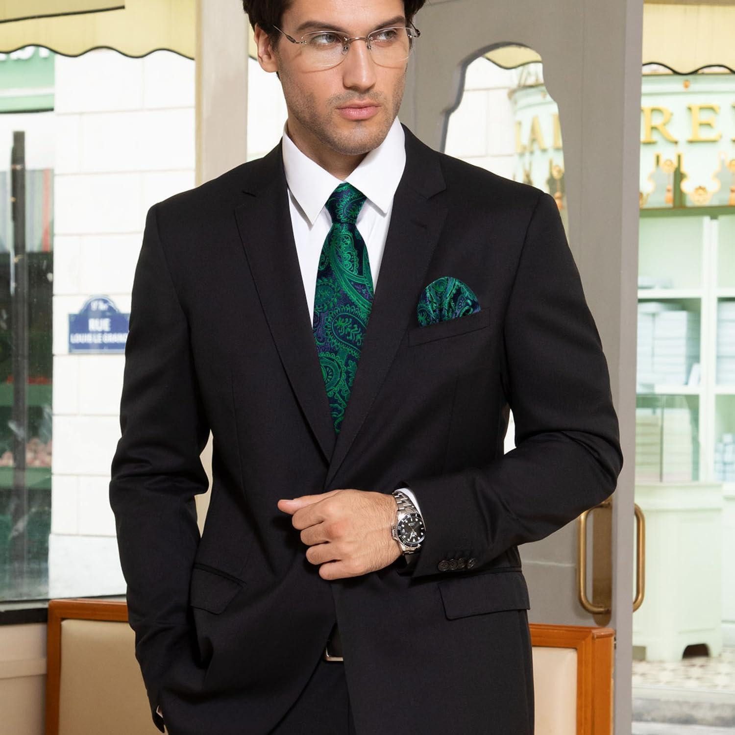 LuxusKollektion Krawatte Krawatte Herren Einstecktuch Set Paisley Blume Hochzeit Schwarz Grün-2
