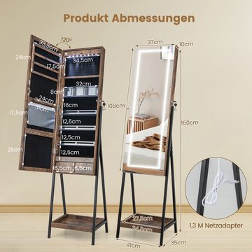 COSTWAY Schmuckschrank Standspeigel mit LED, Ablage & Schublade abschließbar