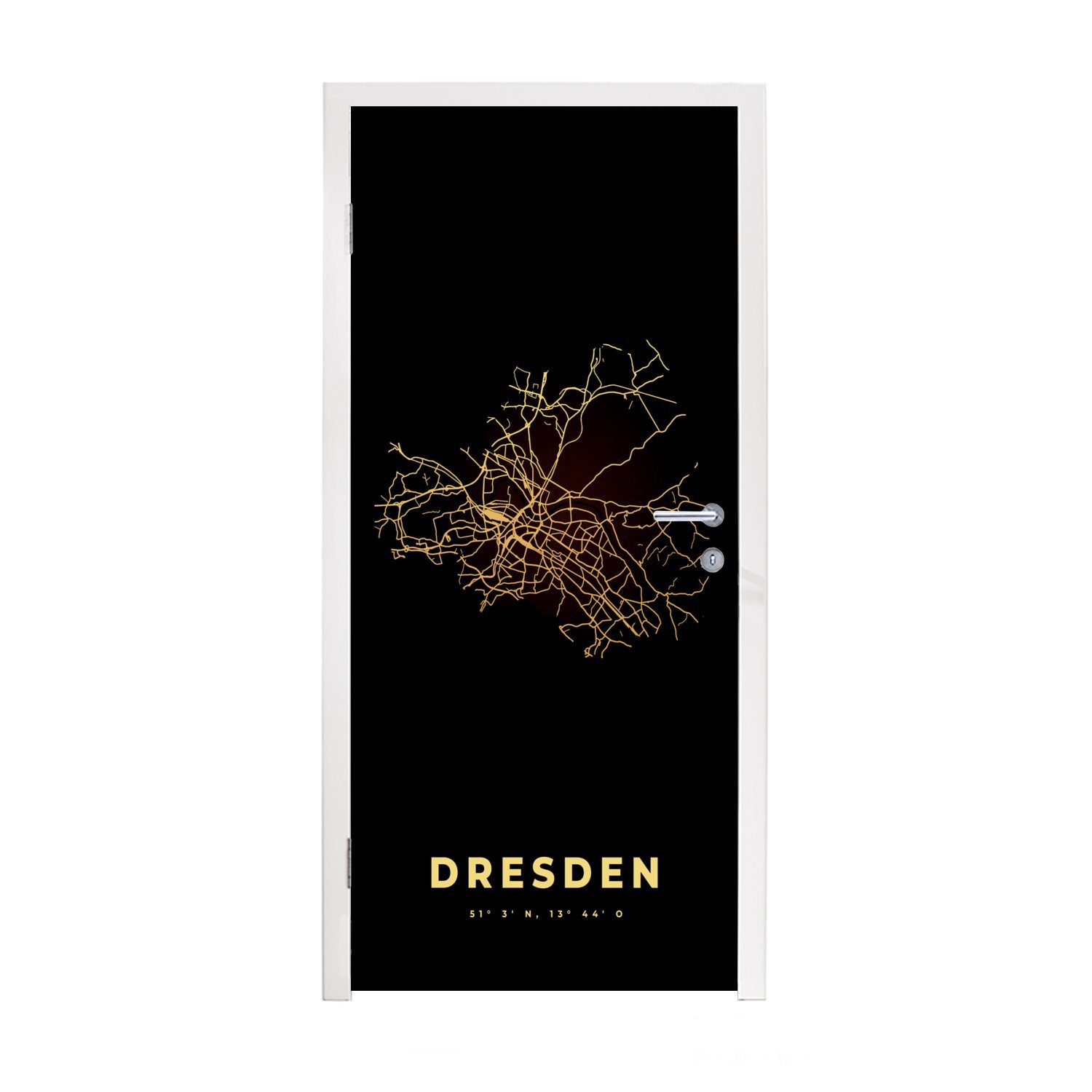 MuchoWow Türtapete Stadtplan - Dresden - Gold - Karte, Matt, bedruckt, (1 St), Fototapete für Tür, Türaufkleber, 75x205 cm