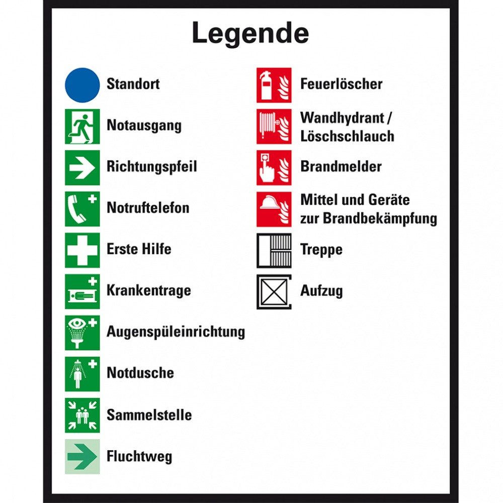 Hinweisschild Legende für Flucht- und Rettungspläne, ISO 7010, Aufkleber, 95x115mm