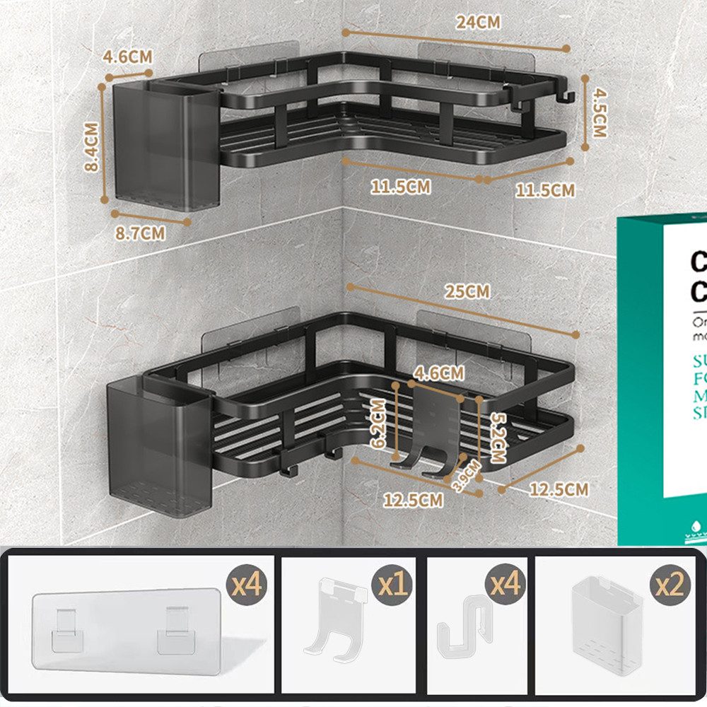 TUWENA Duschkorb 2 Stück Duschablage Ohne Bohren, Eckregal Badezimmer Regal Organizer, Wasserdichter und Rostfreier Duschregal mit 4 Haken,2 Zahnpasta Halter