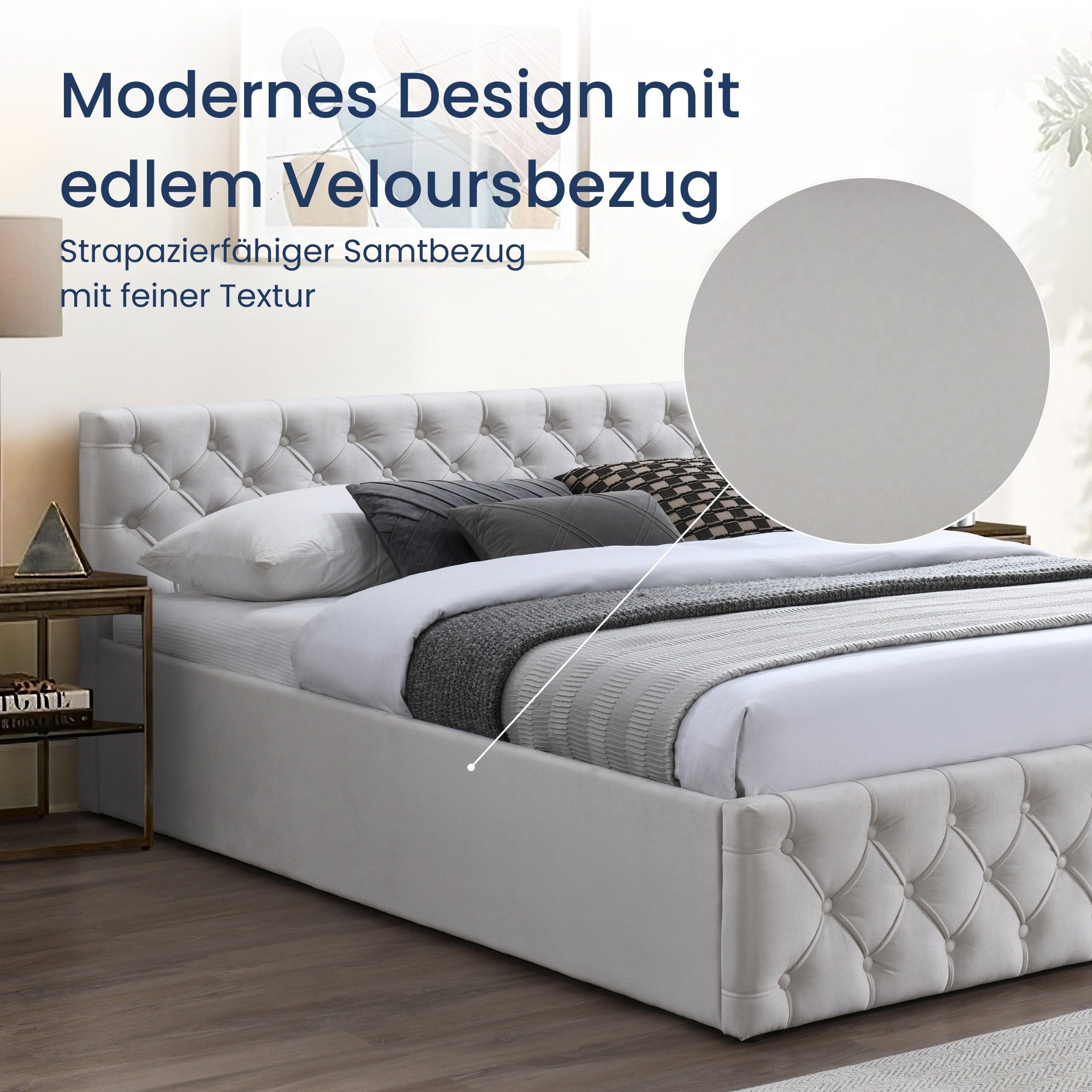 Home Collective Polsterbett Doppelbett 140x200 160x200 Bettgestell mit Lattenrost und Stauraum (mit gepolstertem Kopfteil und weichem Velours-Bezug, robustes Gestell, hoher Liegekomfort), moderne Steppung, Beigefarben 140x200