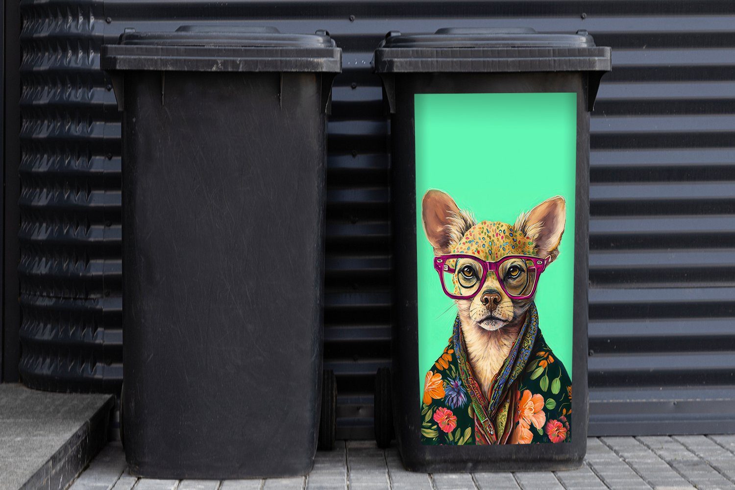 - - Chihuahua (1 Sticker, St), Container, Hund Mülleimer-aufkleber, Abfalbehälter Wandsticker Blumen Brille Mülltonne, Tier - - MuchoWow