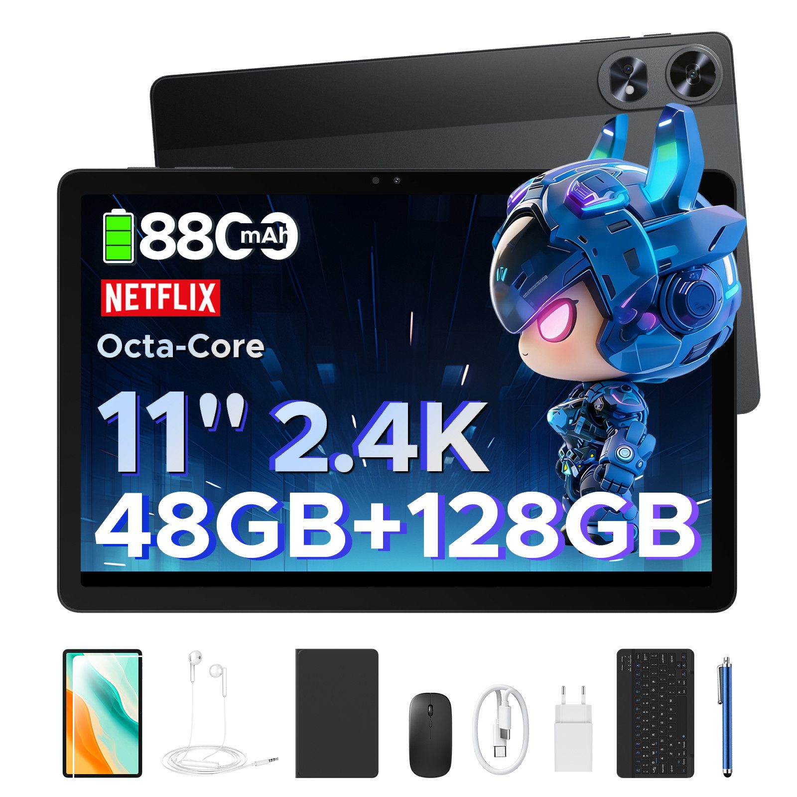 Aorlym P11 Android 16 Tablet 11 Zoll mit Tastatur und Stift, 90Hz, 8800mAh Tablet (11", 128 GB, Android 16, T7250 Octa Core, Gemini AI, 13MP + 5MP, Widevine L1, Face ID/OTG/GPS)