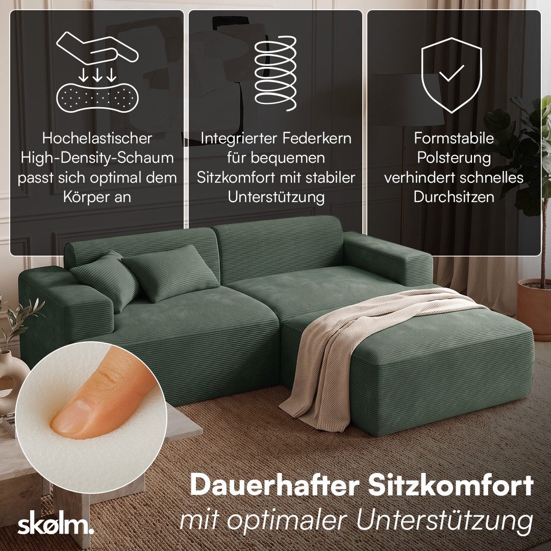 skølm Sofa Freki aus Cord, Vollschaumcouch mit Federkern und Vakuum-Kompression, Dunkelgrün, Couch 2 Sitzer mit Hocker und 2 Kissen, kein Aufbau erforderlich, 230 cm breit, gepolstert, vakuumiert