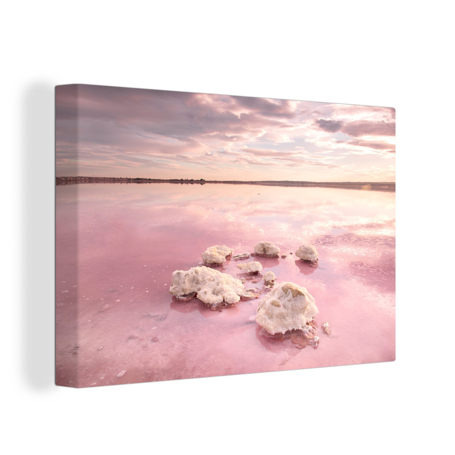 OneMillionCanvasses® Leinwandbild Rosa Salzsee in Spanien bei Sonnenuntergang, (1 St), Wandbild Leinwandbilder, Aufhängefertig, Wanddeko, 30x20 cm