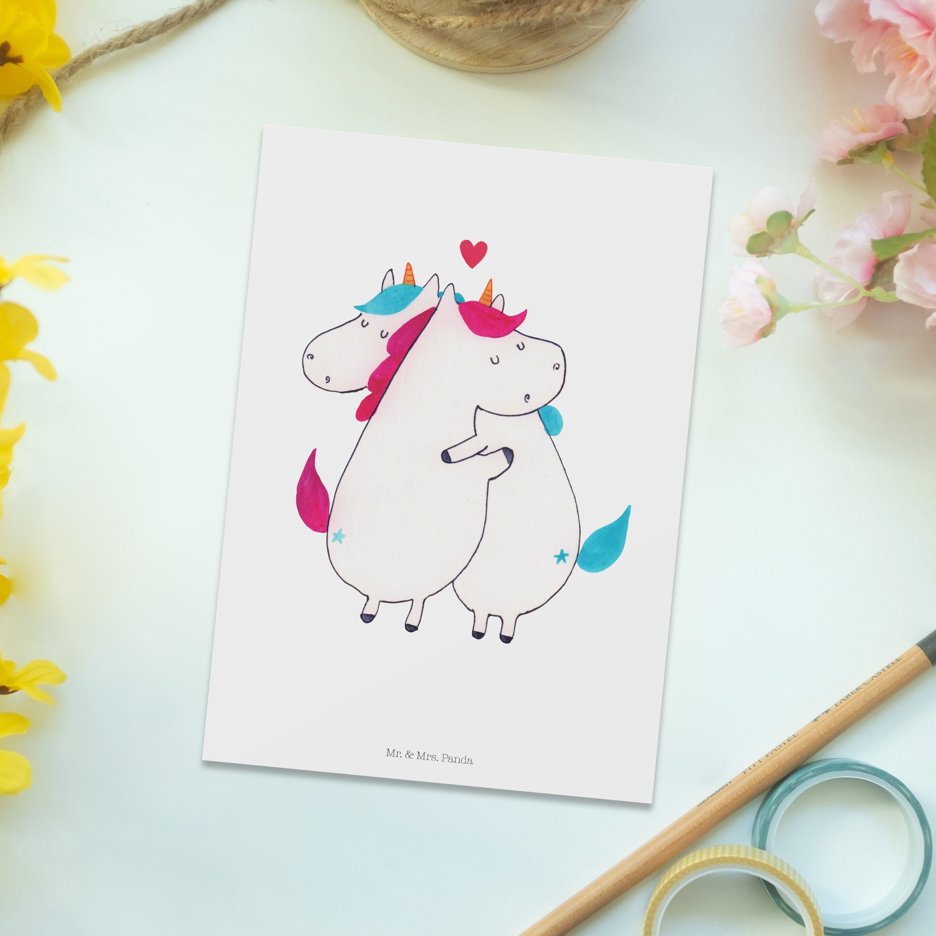 Mr. & Geschenk, Geburtstagskarte, Unicor - Mitteilung - Panda Postkarte Karte, Weiß Einhorn Mrs