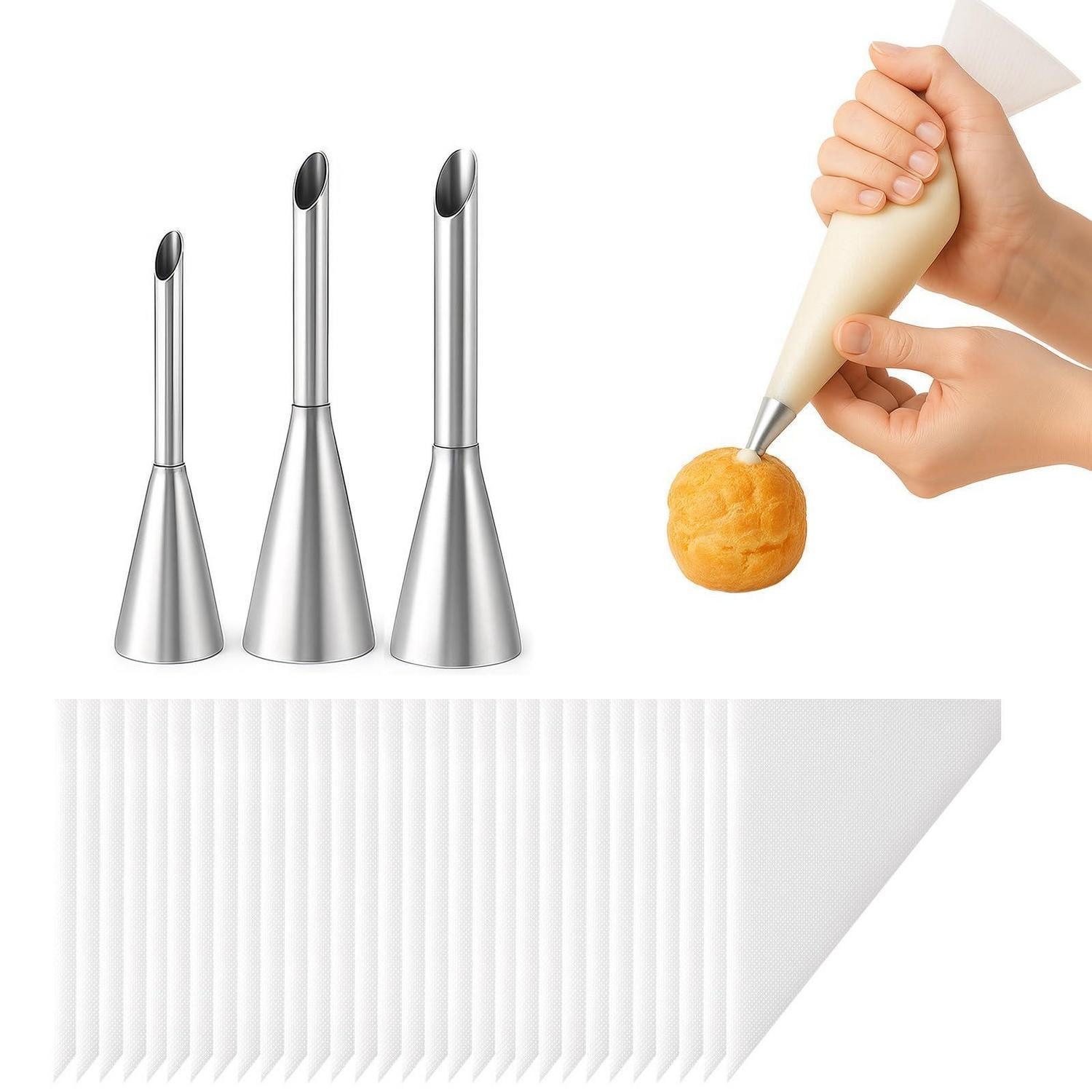 LuxusKollektion Spritzbeutel Krapfenspritze Set Edelstahl 3tlg. m. 30 Beutel