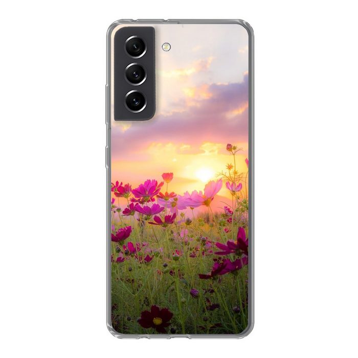 MuchoWow Handyhülle Blumen - Rosa - Sonnenuntergang - Natur - Wiese - Horizont Phone Case Handyhülle Samsung Galaxy S21 FE Silikon Schutzhülle