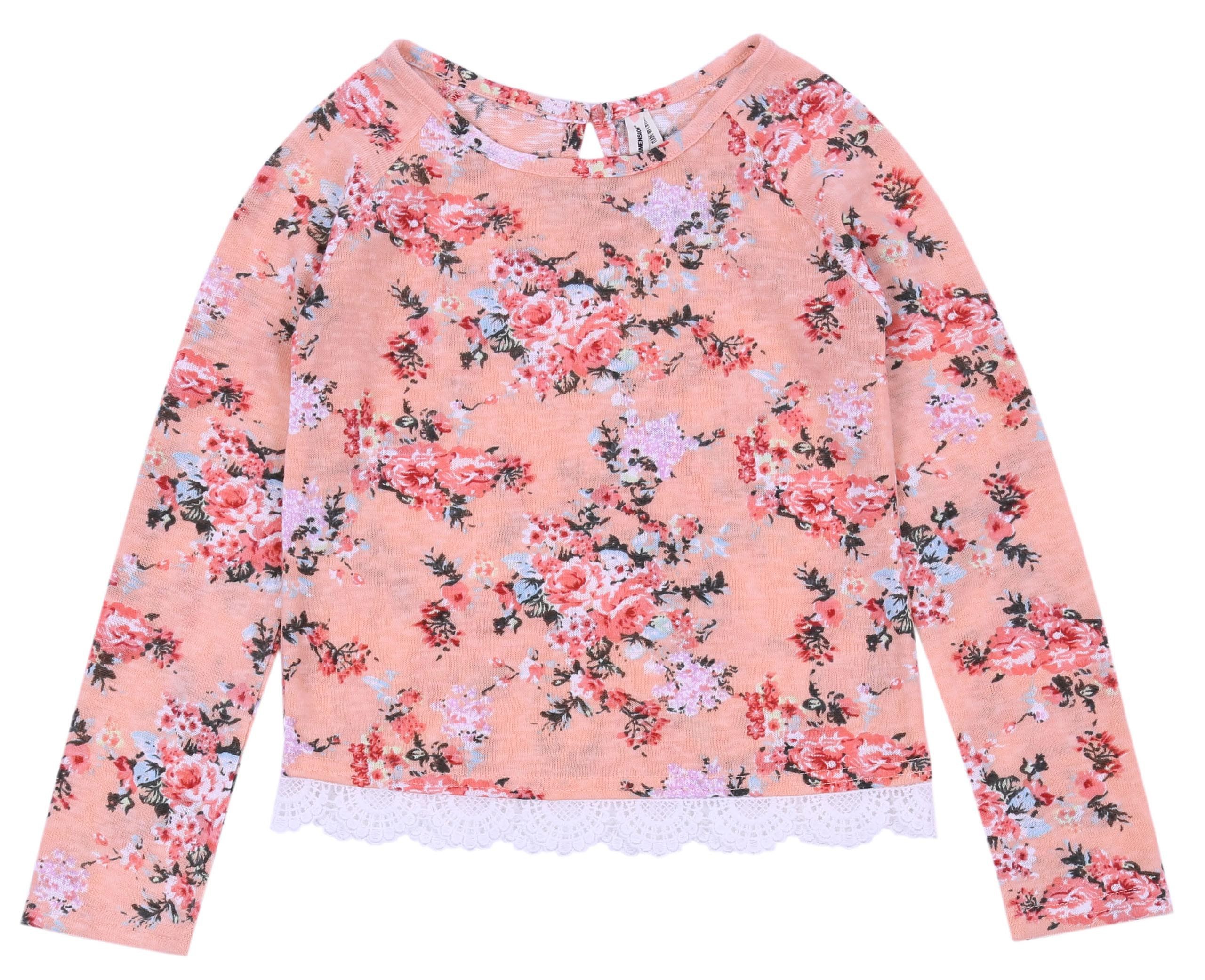 Langarmbluse Pfirsichfarbene Bluse mit Blumen gemustert 6-7 Jahre