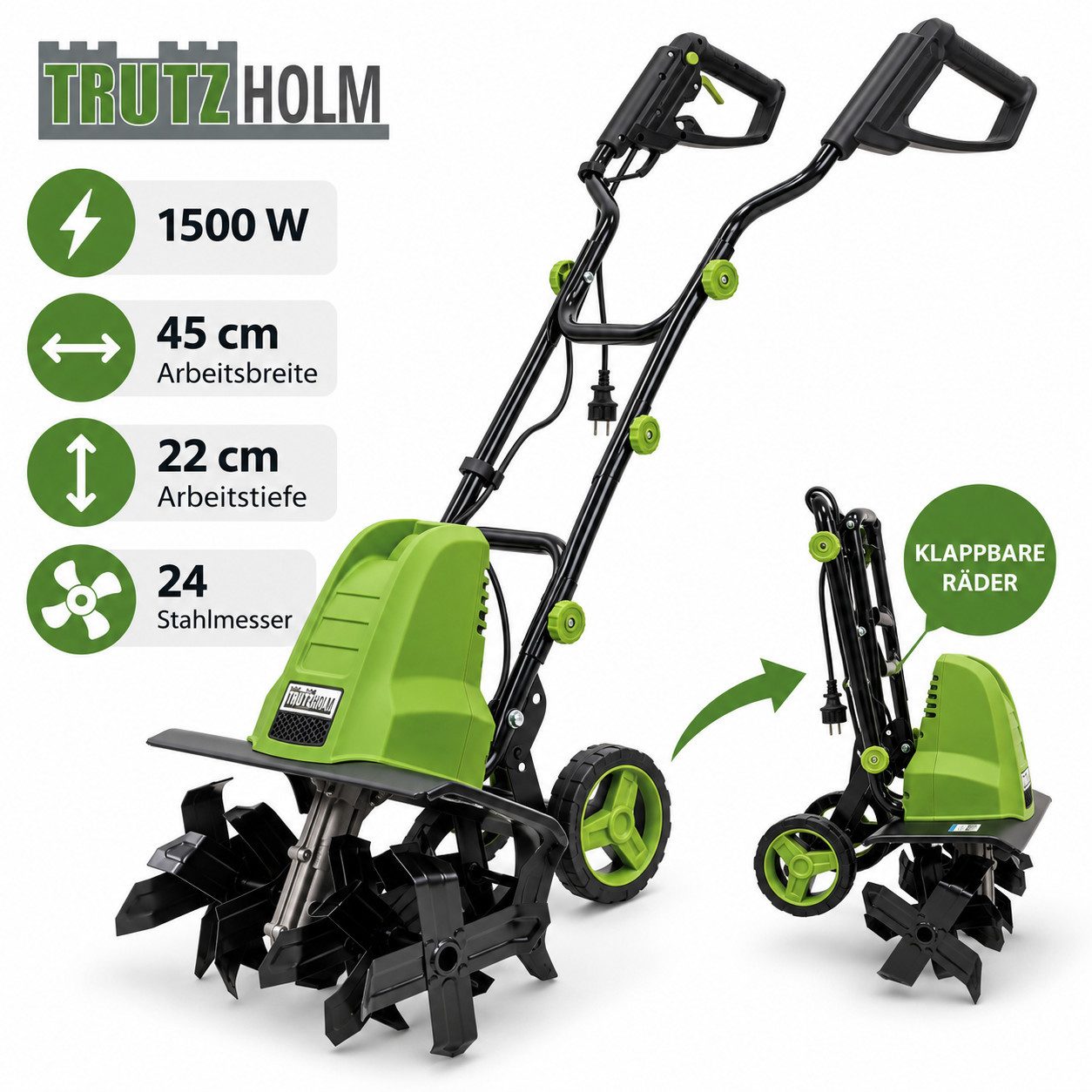 TRUTZHOLM Gartenhacke 24 Hackmesser 45 cm breit 22 cm tief 1500 W klappbare Transporträder, 45 cm Arbeitsbreite, Artikel, 1 St., Ergonimisches Design – Bild 5 von 5