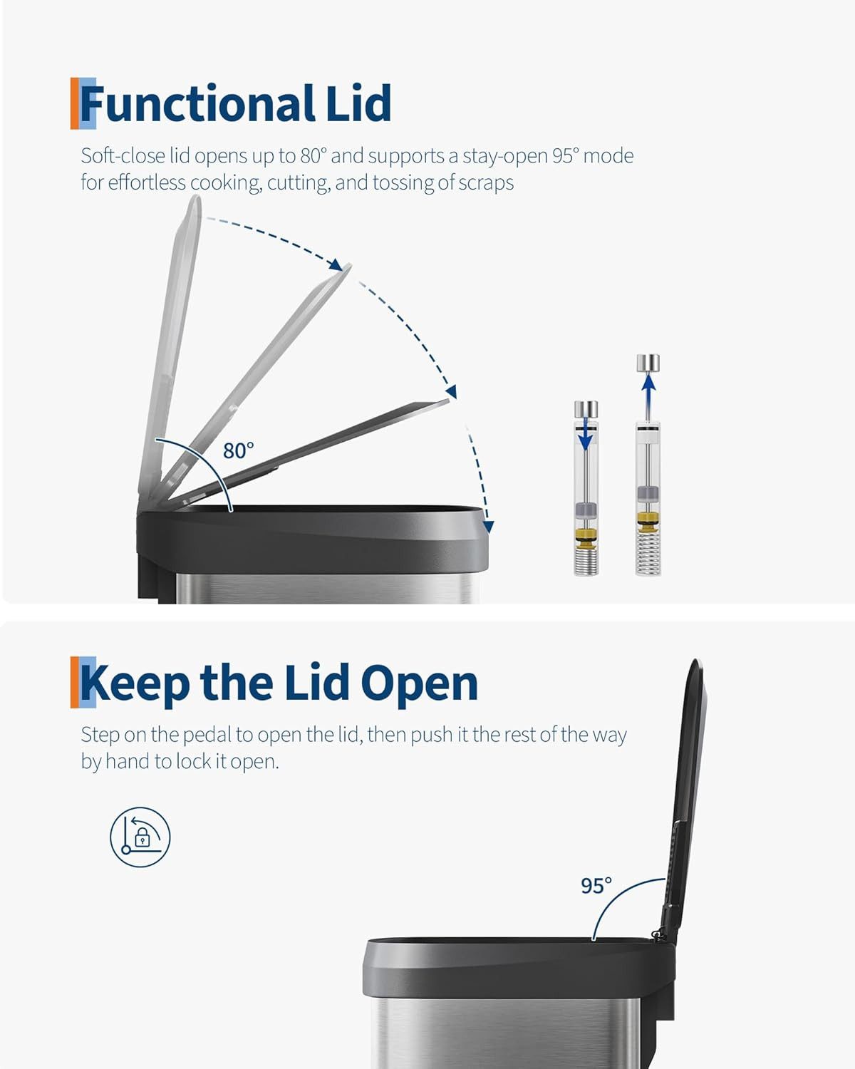 GarveeMore Mülleimer Edelstahl 50L mit Deckel, großer Tretmülleimer für Küche, rostfrei, mit Beutelring, Soft-Close Kunststoffdeckel, Griff hinten