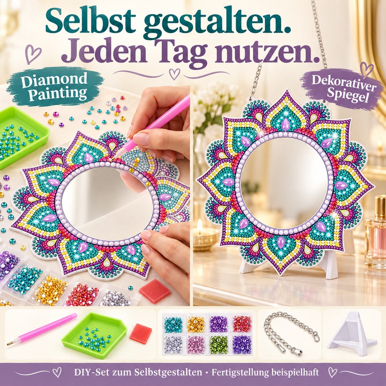GOLDEN Gemälde Diamond Painting Spiegel Mandala, DIY-Set mit Standfuß und Kette – Bild 2 von 5