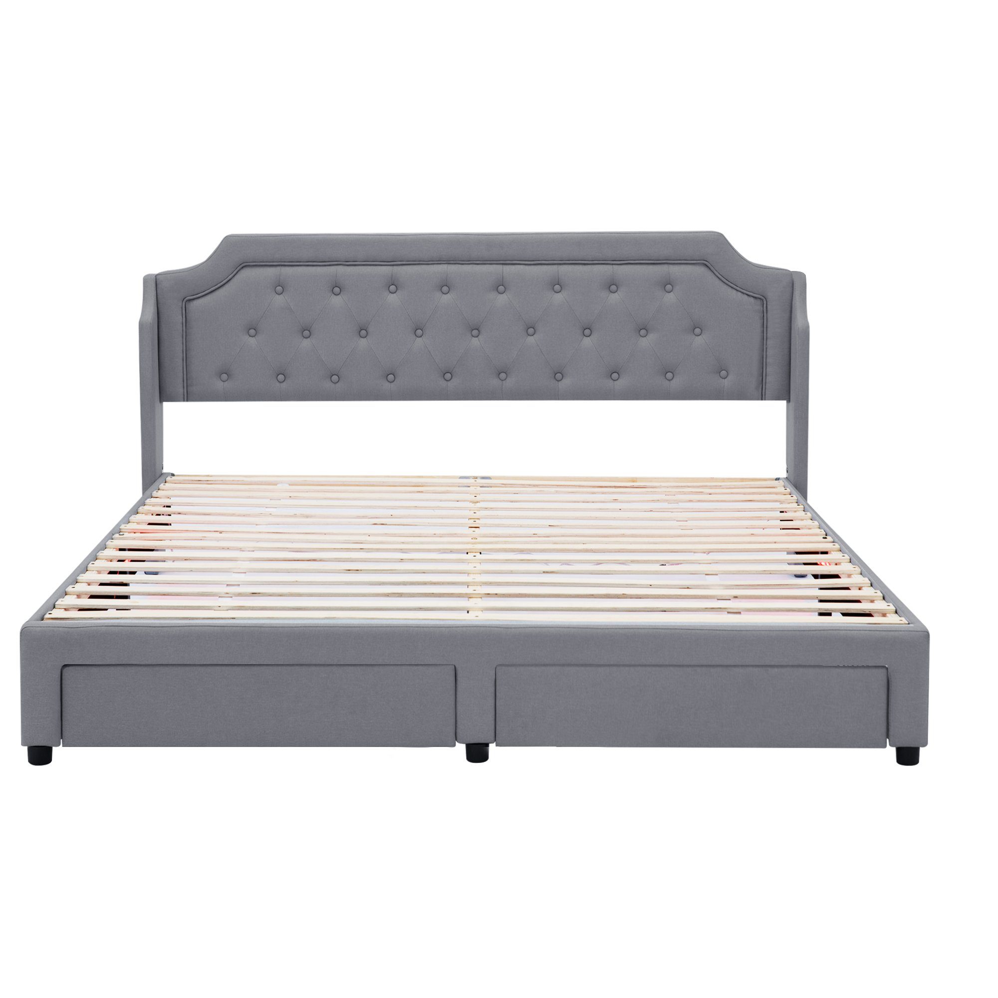 Polsterbett (mit Lattenrost und 2 Schubladen), Doppelbett 180x200 cm mit LED Beleuchtung, Bezug aus Leinen