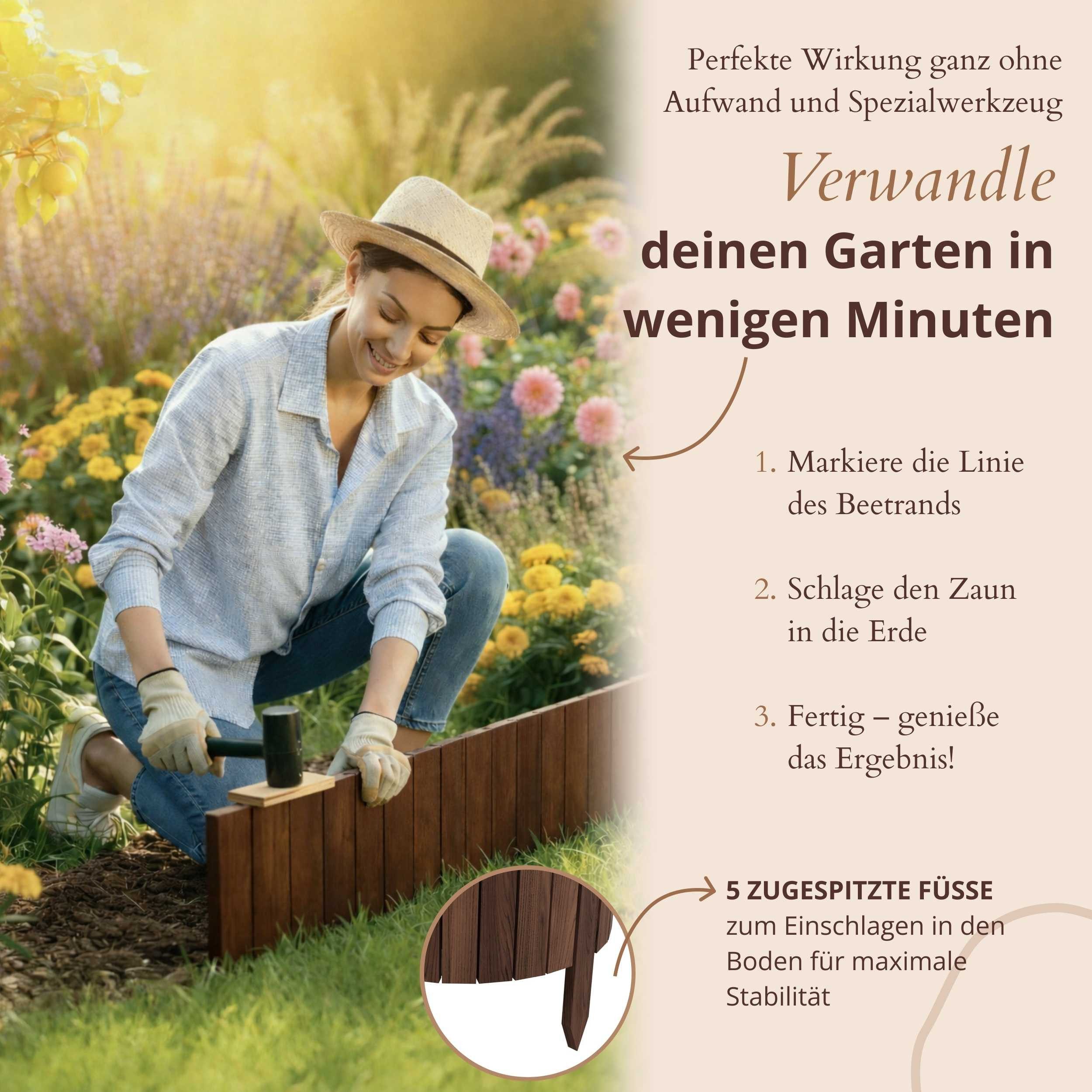Floranica Beetbegrenzung Beeteinfassung Flexibler Rollborder Rasenkante Beetumrandung Palisade, LxH: 200x10 cm, 1 Stk., Braun, für Garten, Rindenmulch, Blumenbe – Bild 5 von 5