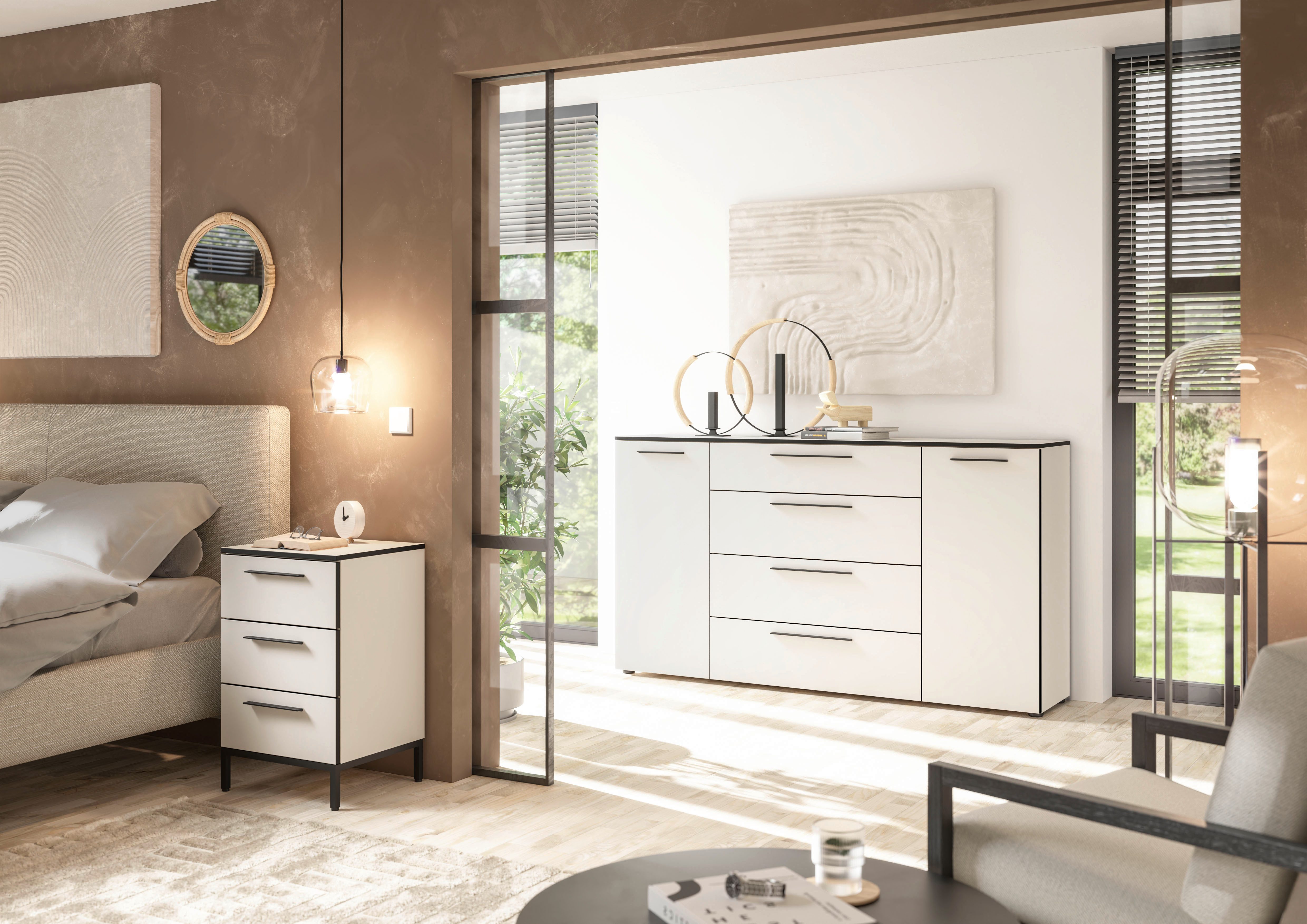 Manjana Möbel Nachtkommode mit Schwarz matten Metallgriffen, mit Soft-Close-Funktion, mit Vollauszug, melaminbeschichtet