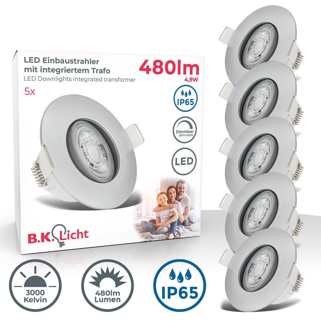 B.K.Licht LED Einbaustrahler Einbauleuchten Bad IP65 Schwenkbar 230V 5W dimmbar - BKL1571, Dimmfunktion, LED fest integriert, 2700K - Extra-Warmweiß, Deckenspots flach silber matt Wohnzimmer Büro Flur