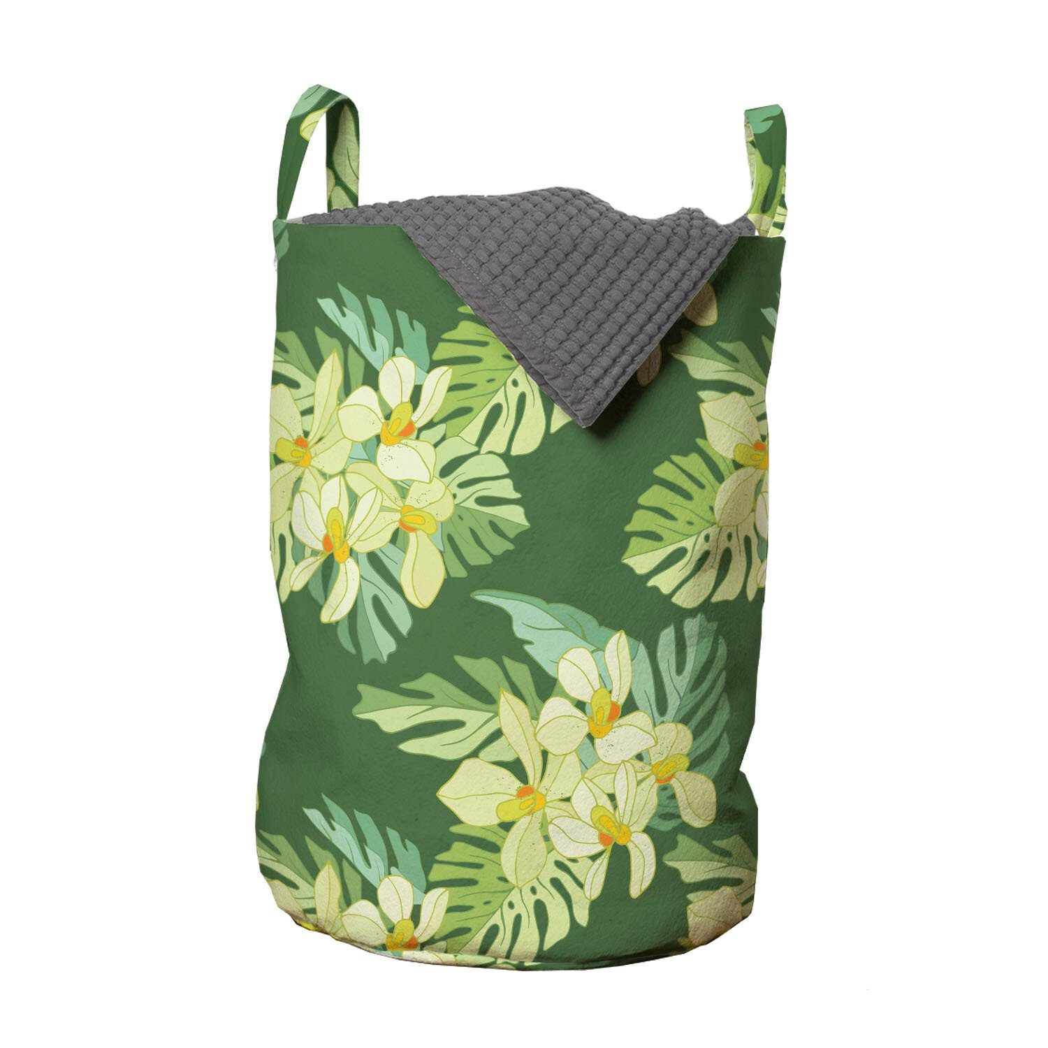 Abakuhaus Wäschesäckchen Wäschekorb mit Griffen Kordelzugverschluss für Waschsalons, Tropisch Exotische Blumen und Blätter | Wäschesäcke