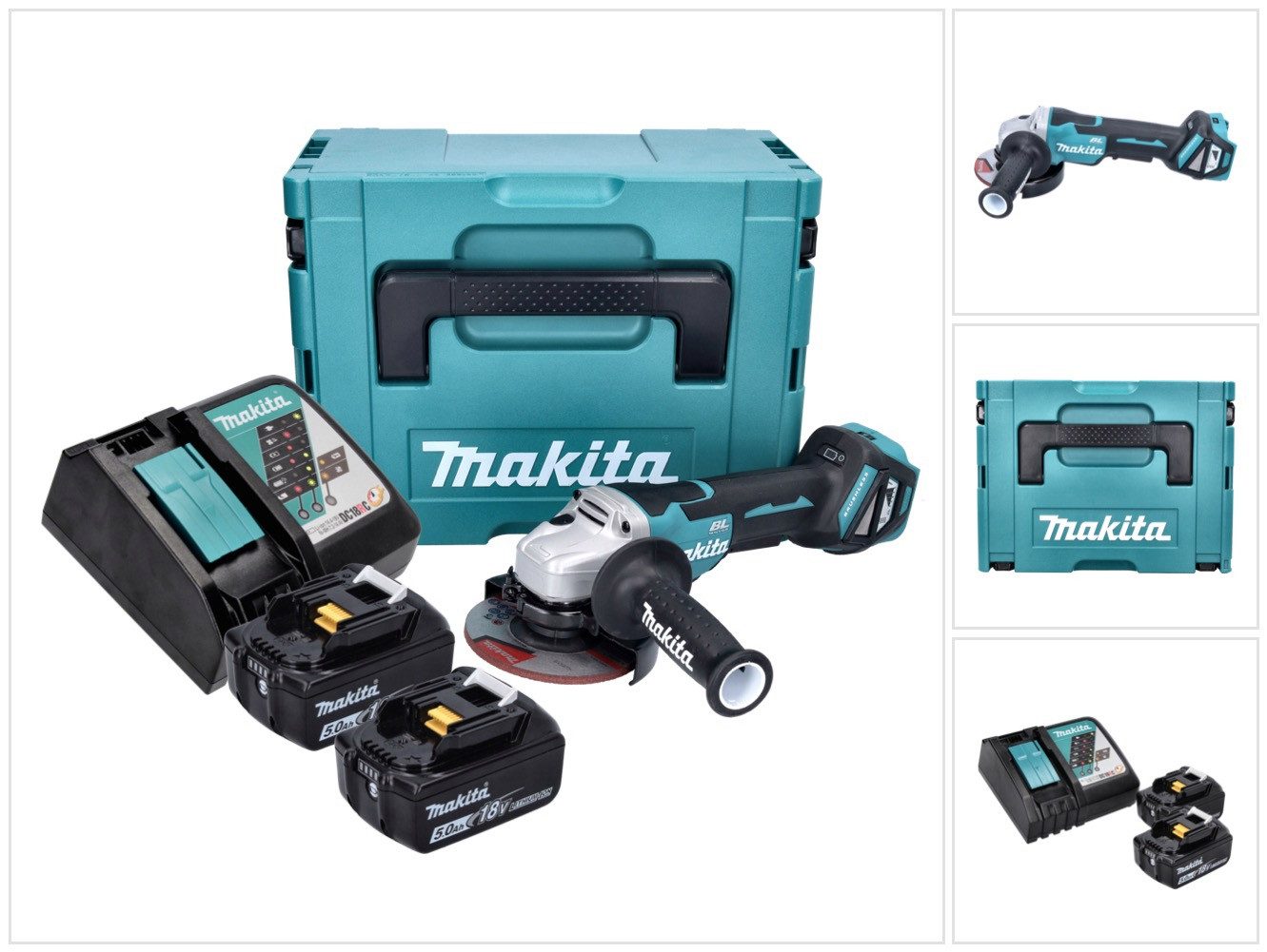 Makita Akku-Winkelschleifer DGA 515 RTJ Akku Winkelschleifer 18 V 125 mm Brushless + 2x Akku 5,0