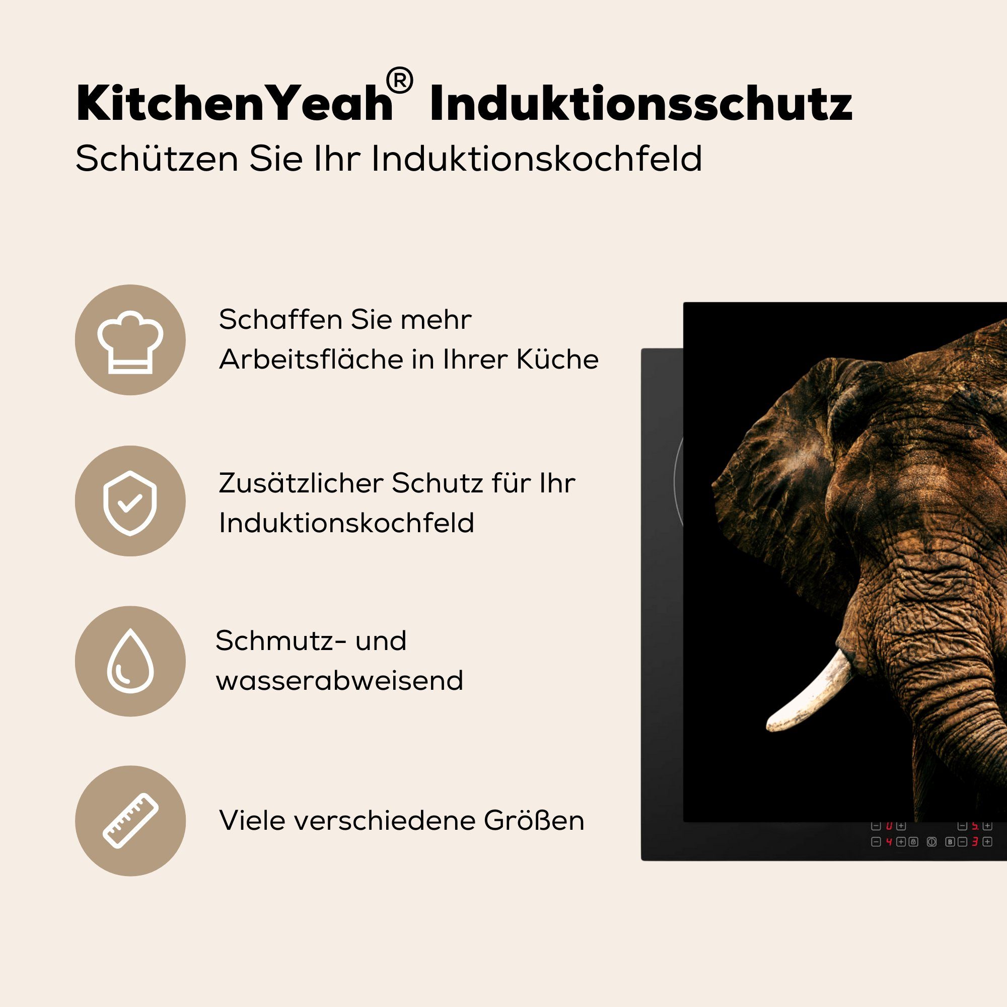 Vinyl, 78x78 für Herdblende-/Abdeckplatte küche Ceranfeldabdeckung, Zähne, Elefant tlg), - cm, Arbeitsplatte - Braun MuchoWow (1