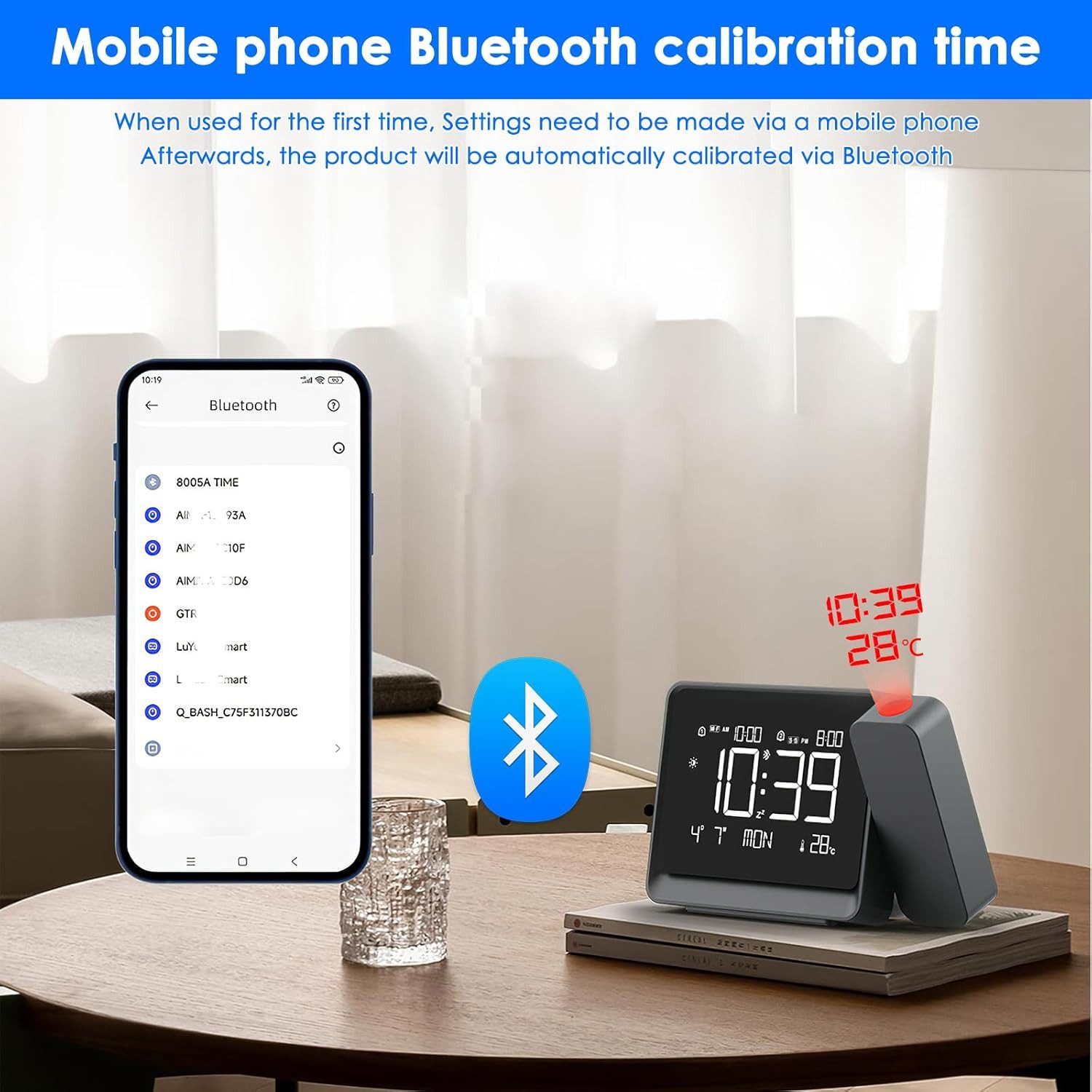 Toomoke Projektionswecker Bluetooth Digital Wecker,Elektronische Uhr,Nachtlicht,Digitaluhr mit Temperaturanzeige,Datum und Wochentag,180° drehbarem Projektor