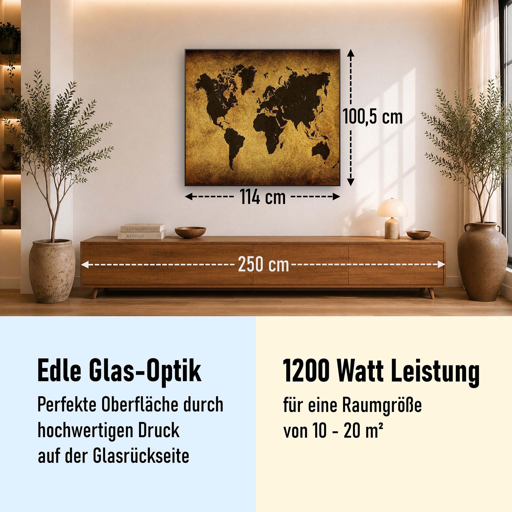 STEINFELD Heizsysteme Infrarotheizung Glas-Bild 1200W, 114x100cm, Made in Germany, 7 Jahre Garantie, mit Thermostat, Schwarz