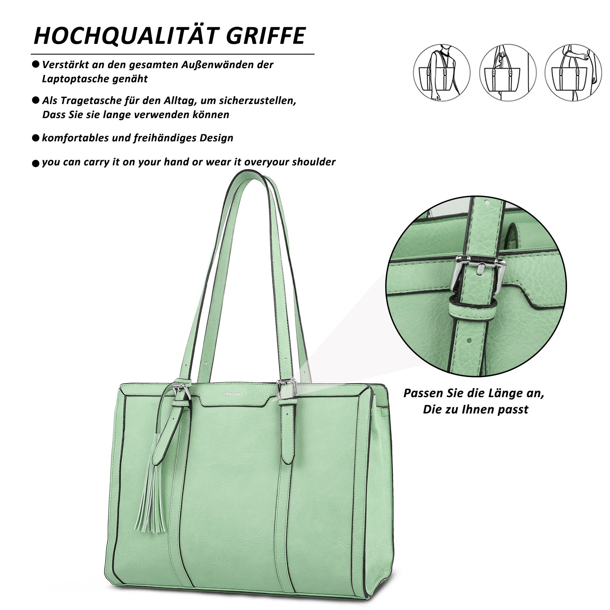 TAN.TOMI Handtasche Große Business Handtasche Damen Leder Schultertasche Arbeit Schule, Bürotasche Damen 15.6 Zoll Notebookt mit 3 Fächern für Büro Schule