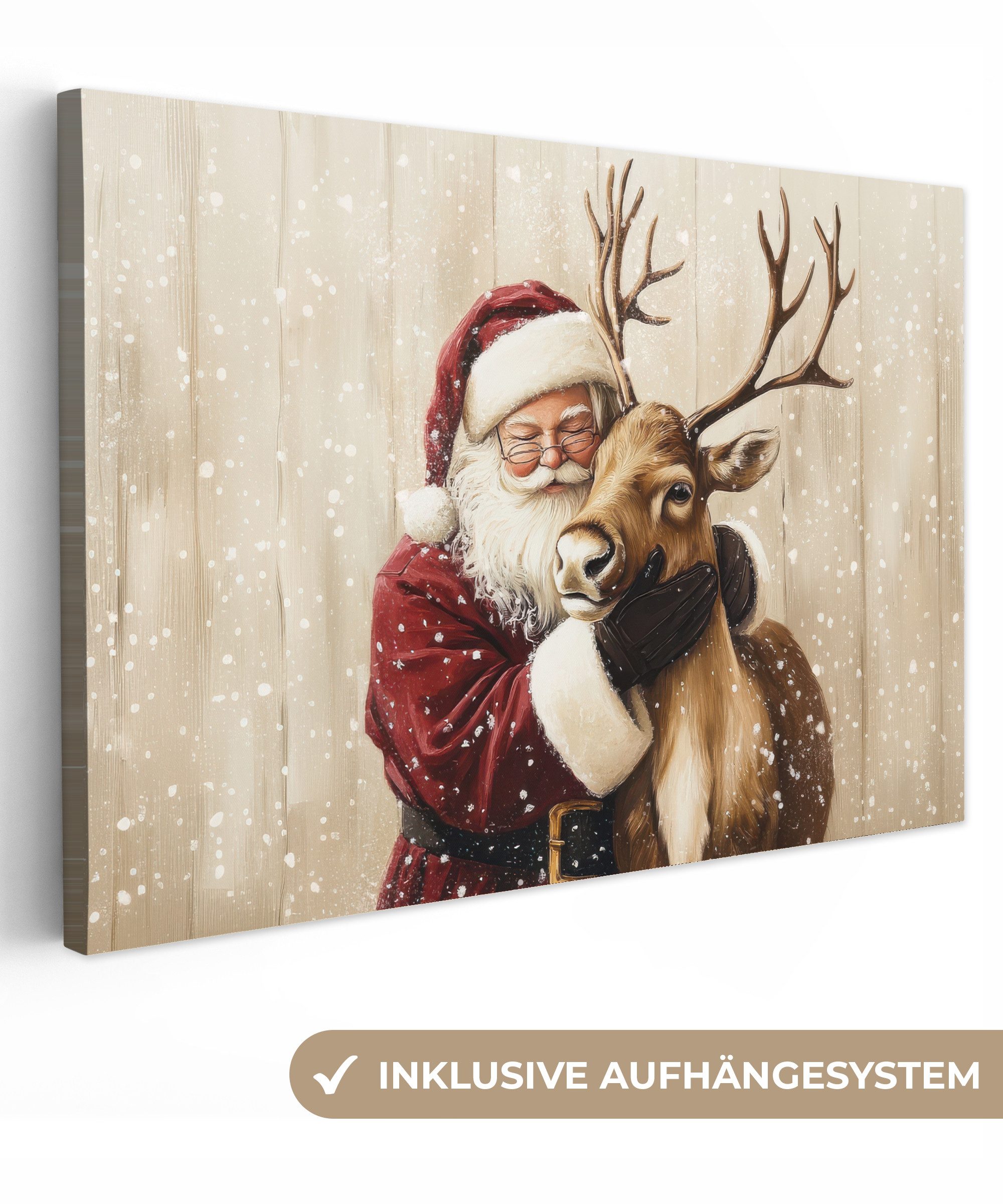 OneMillionCanvasses® Leinwandbild Weihnachtsmann - Rentier - Schnee - Bunt, günstig online kaufen