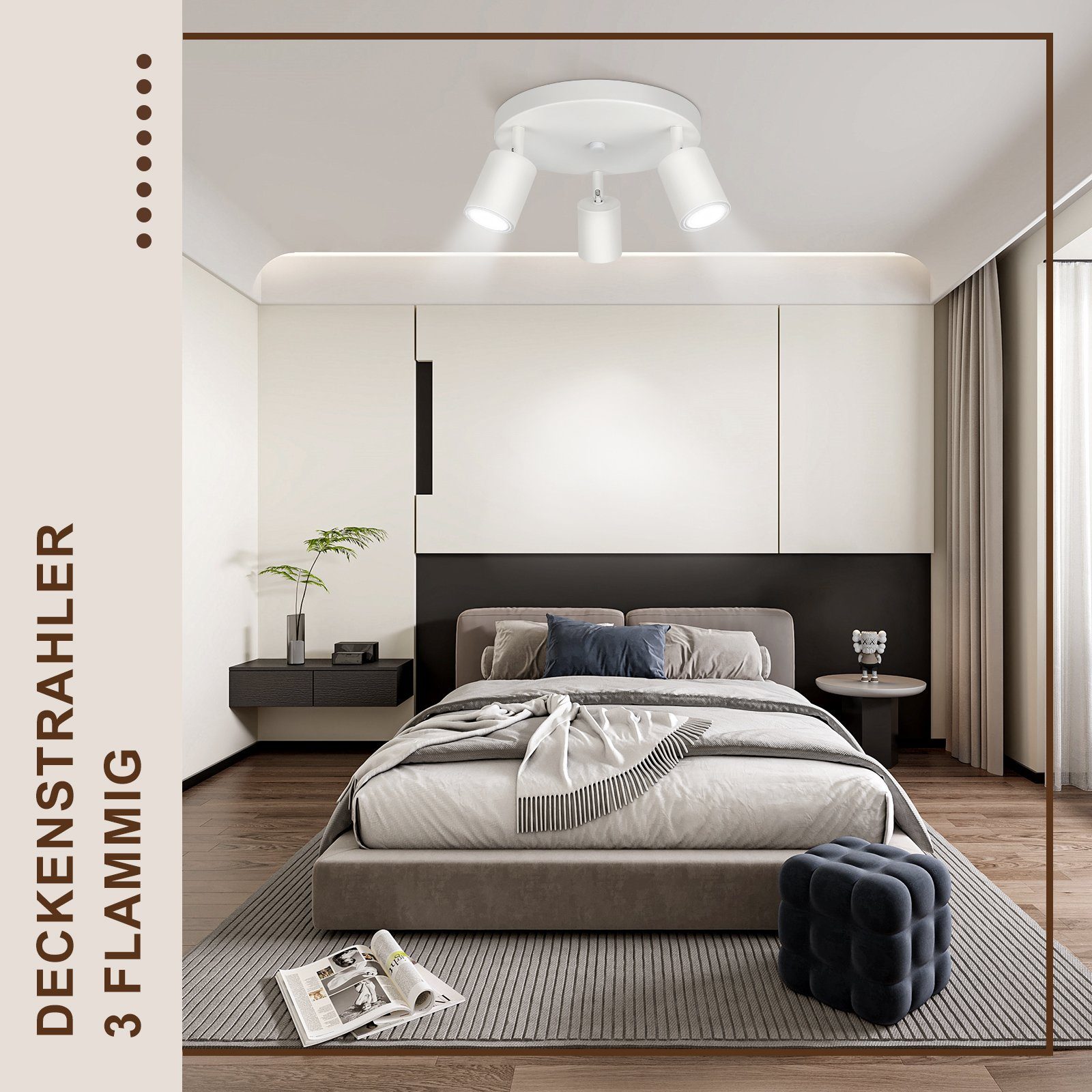 weiß, GU10 Leuchtmittel, Deckenstrahler Wohnzimmer 3-Flammig Modern Flexible LED ohne Rotation, Schwenbar, ZMH Schlafzimmer, Deckenleuchte Rund