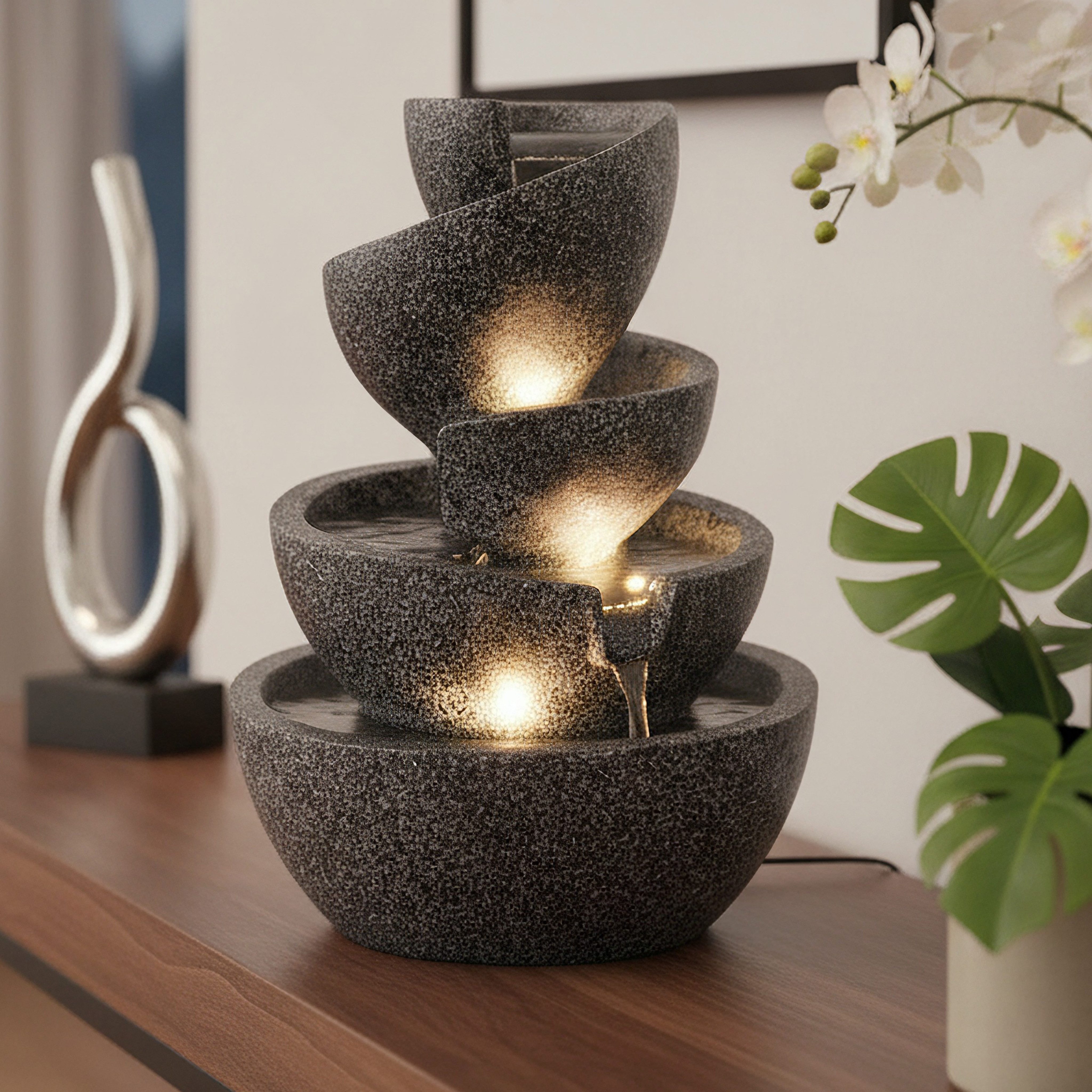 Arnusa Zimmerbrunnen Springbrunnen mit LED Beleuchtung Gartenbrunnen stilvoll Dekoration, Wohnzimmerdeko Wasserspiel LED warmweiß – Bild 2 von 5