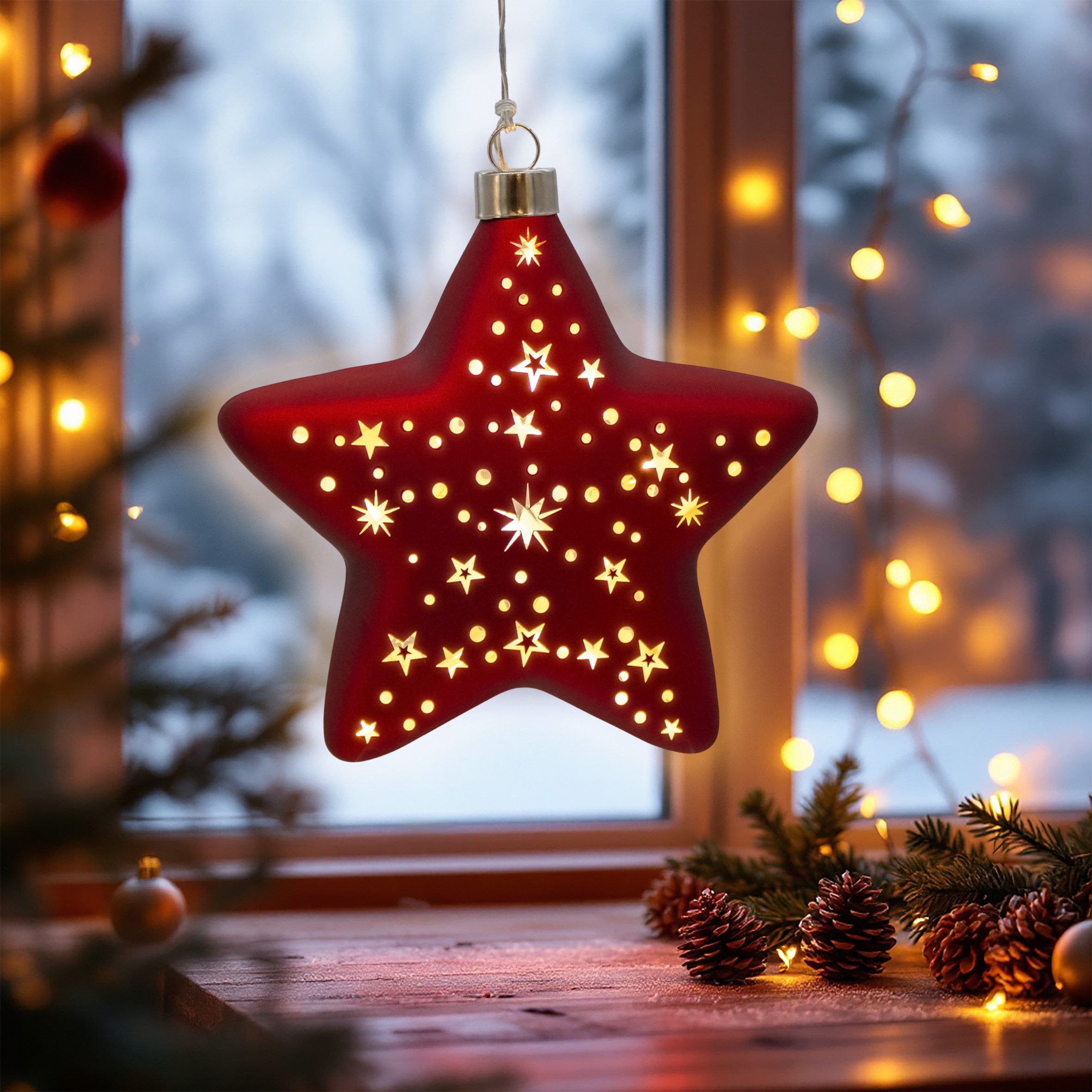 Spetebo LED-Dekofigur Glas Weihnachtsstern rot zum Hängen (Anzahl, 1 St., Stück), integrierte Lichterkette mit 10 LED