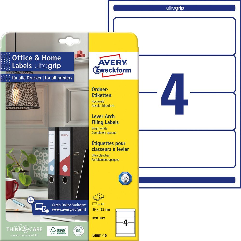 Etikett Avery-Zweckform Ordner-Etiketten L6061-10 59 x 192 mm Papier Weiß Perm