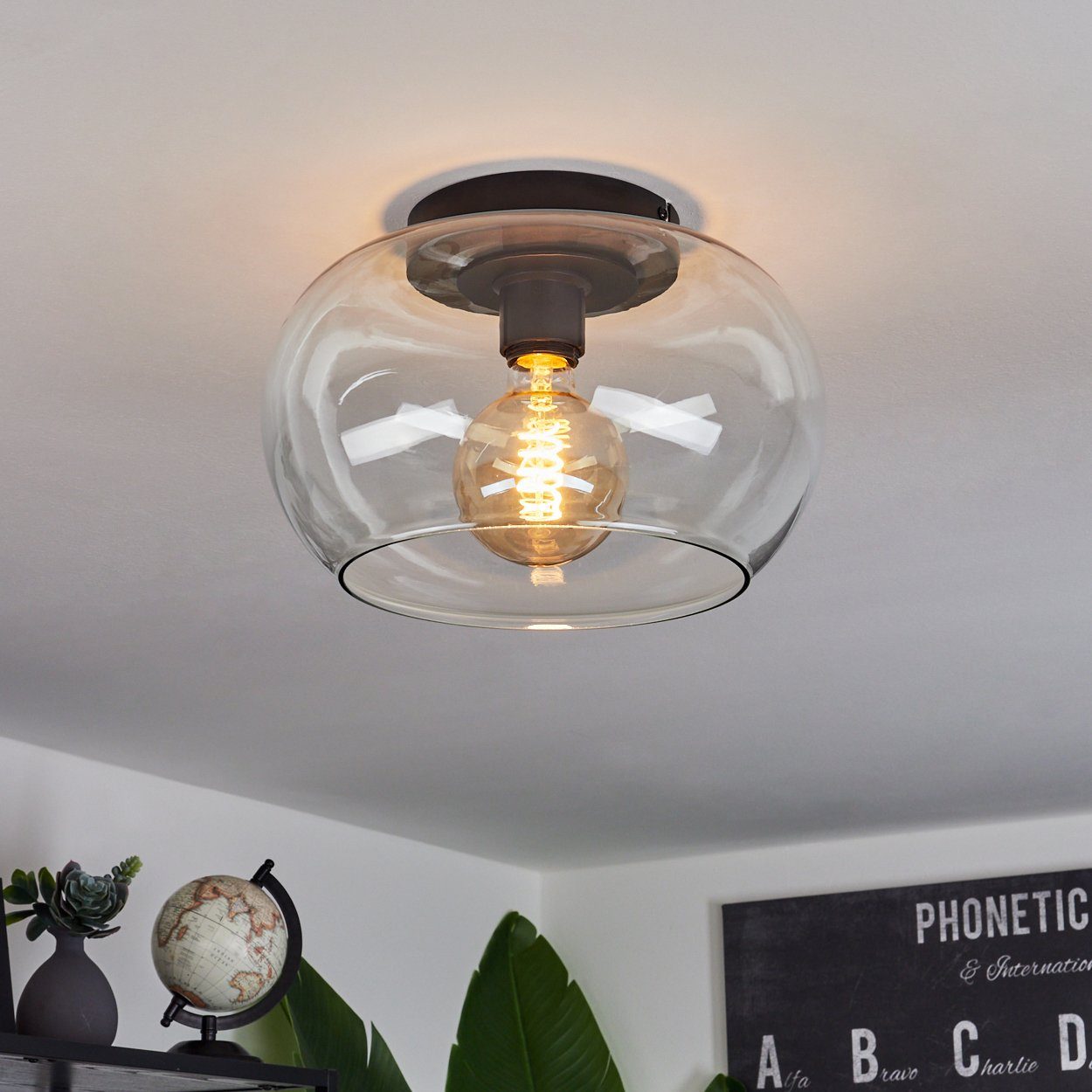 hofstein Deckenleuchte »Cardeto« moderne Deckenlampe aus Metall/Glas in Schwarz/Klar, ohne Leuchtmittel, Leuchte im Retro/Vintage-Design mit Schirm aus Glas (31cm), 1xE27