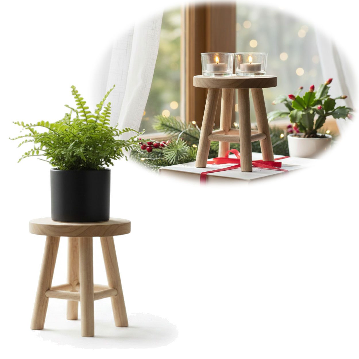 LS-LebenStil Blumenständer Pflanzenhocker Teak Holz Rund 18x15cm Niedriger Blumenständer Hocker (Design Deko Hocker Mini Tisch rustikales kleines Tischchen Holzhocker, 1 St., Braun 4 Füße kleiner Pflanzenständer Pflanzentisch Holzhocker Deko), FSC zertifiziert