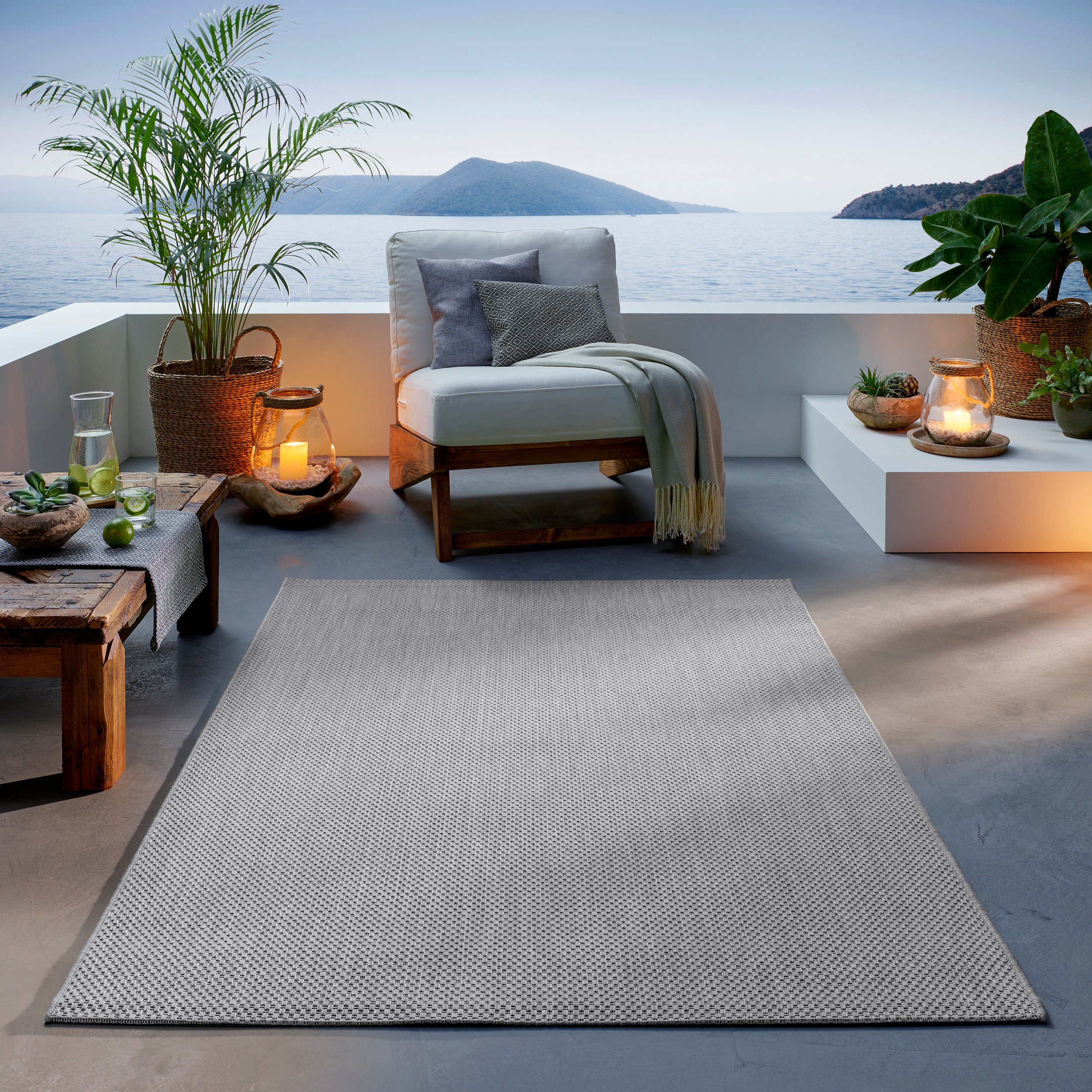 TaCa Home Teppich Outdoor & Indoor Teppich, rechteckig, Höhe: 7 mm, Terrasse Balkon Garten Wohnzimmer Bad Küche, Grau - 80 x 150 cm