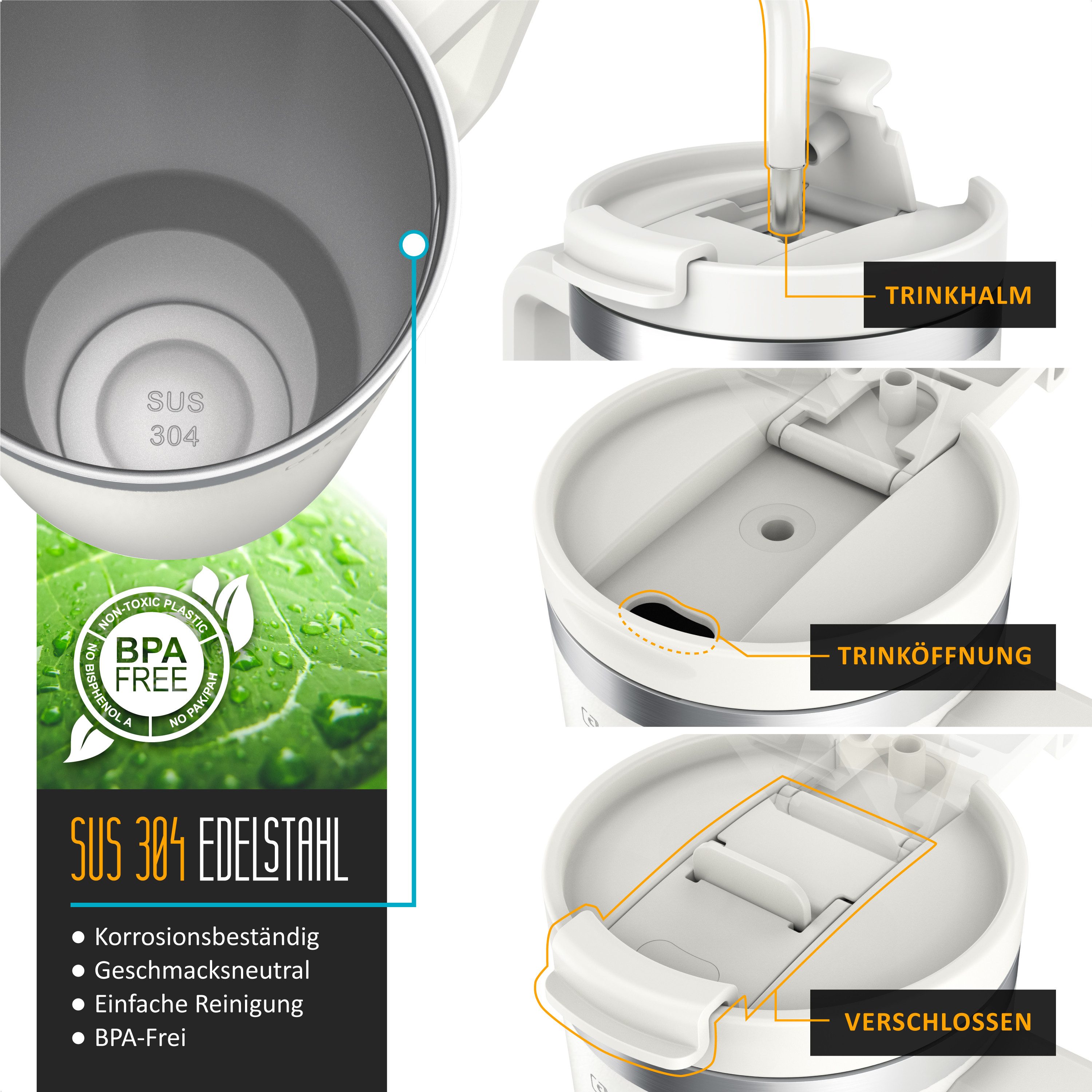 Arendo Thermobecher Tumbler 1200 ml, Becher mit Deckel, Henkel und Strohhalm, Thermal Mug, 1-tlg., Edelstahl, doppelwandig, Vakuumgehäuse aus Edelstahl, luftdichter Verschluss