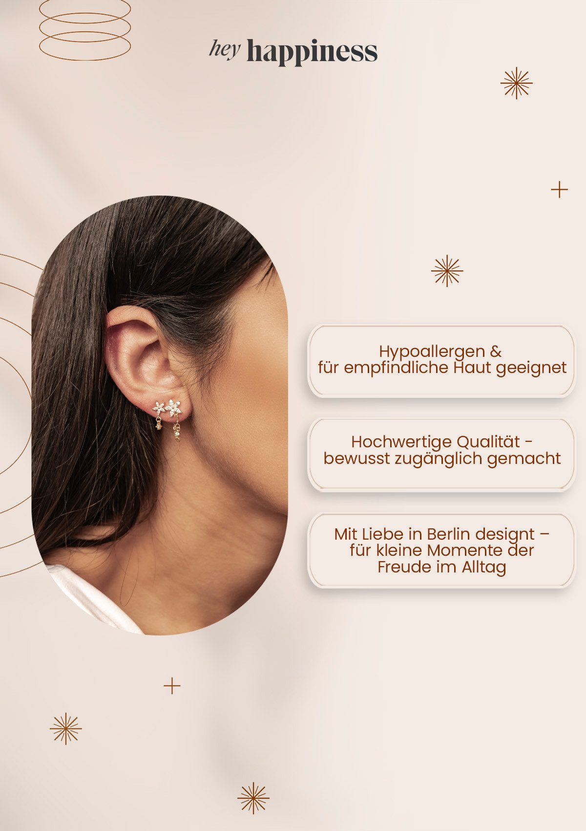 Hey Happiness Paar Ohrhänger Cosmic Kristall Stern, Ear Jacket Ohrringe Silber 925 für Damen, vergoldet