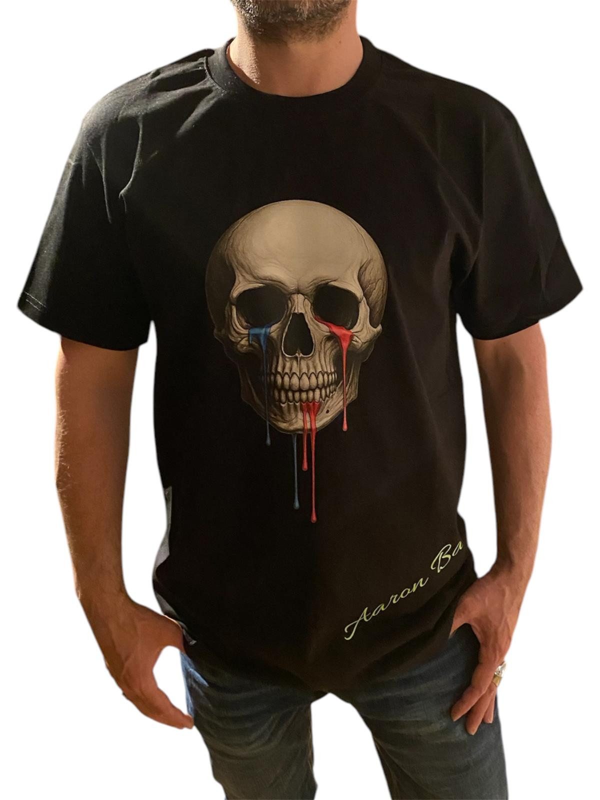 Aaron Bane Kurzarmshirt Soul Split Skull Shirt Schwarz T-Shirt Totenkopf Farb-Drip Streetwear