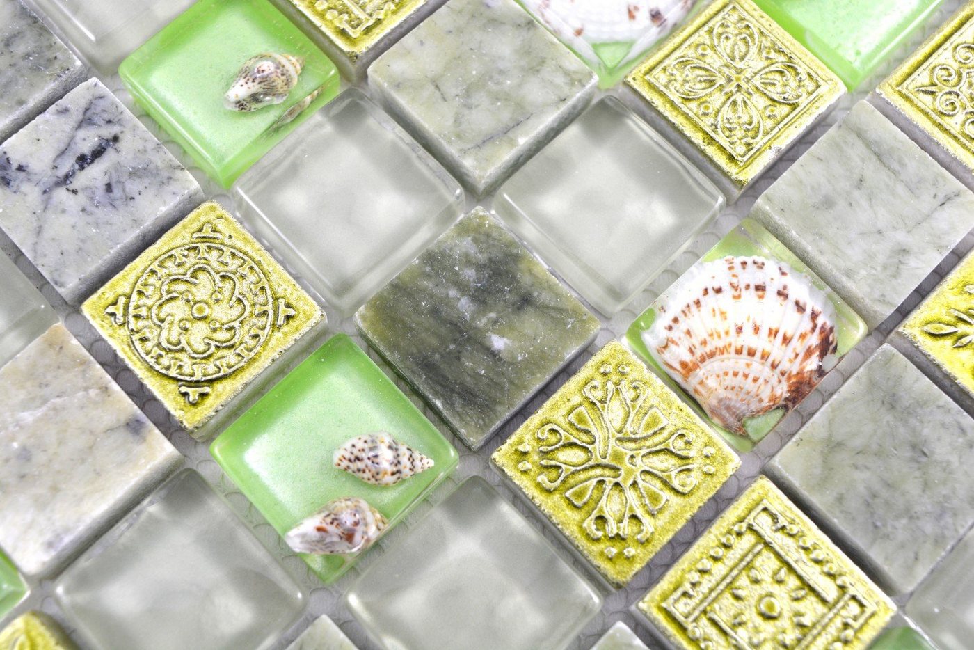 Thumbnail - Mosani Mosaikfliesen Glasmosaik Naturstein Mosaik grün glänzend / 10 Matten
