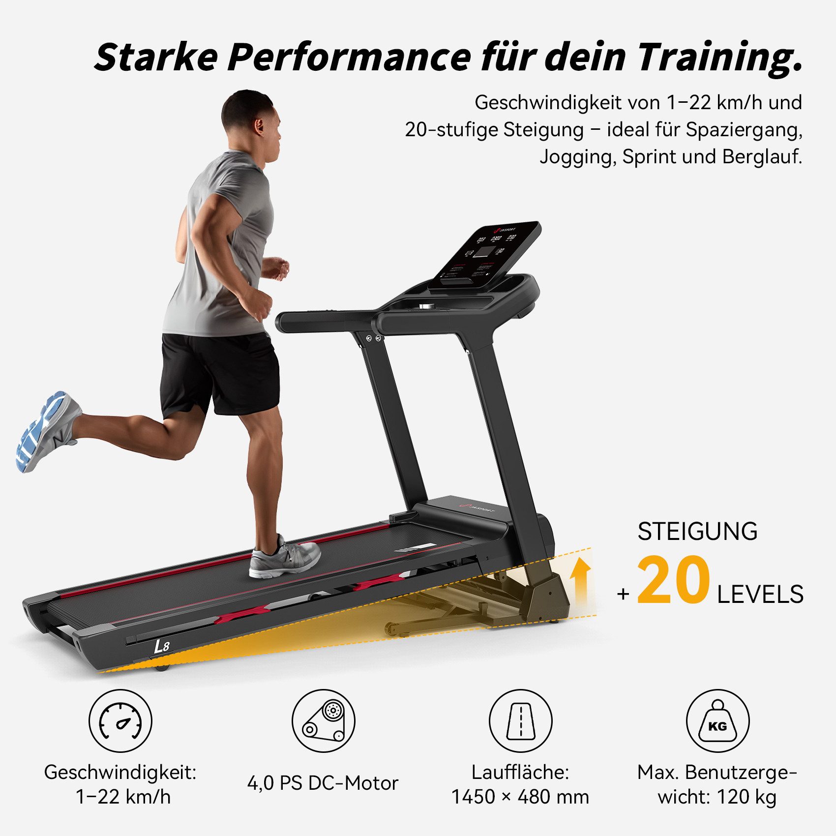 JASPORT Laufband L8 Elektrisches Laufband klappbar (4.0 PS DC-Motor, bis 22 km/h, 20-stufige Steigung, LED-Display), 4.0 PS Motor, 1–22 km/h, 20-stufige Steigung, 145×48 cm Fläche