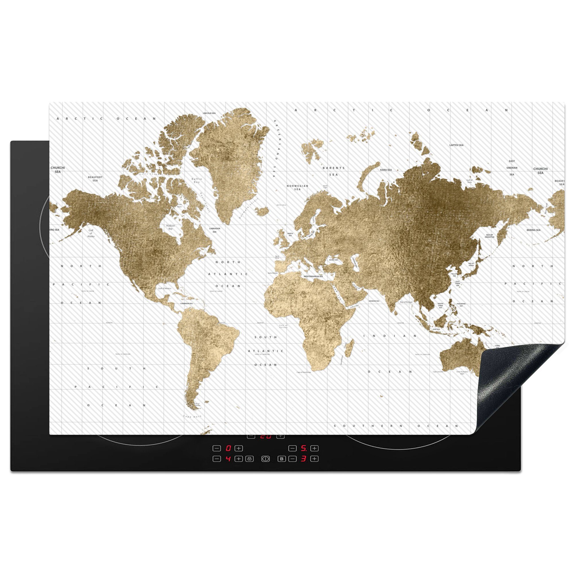 MuchoWow Herdblende-/Abdeckplatte Weltkarte - Gold - Glitter, Vinyl, (1 tlg), 81x52 cm, Induktionskochfeld Schutz für die küche, Ceranfeldabdeckung