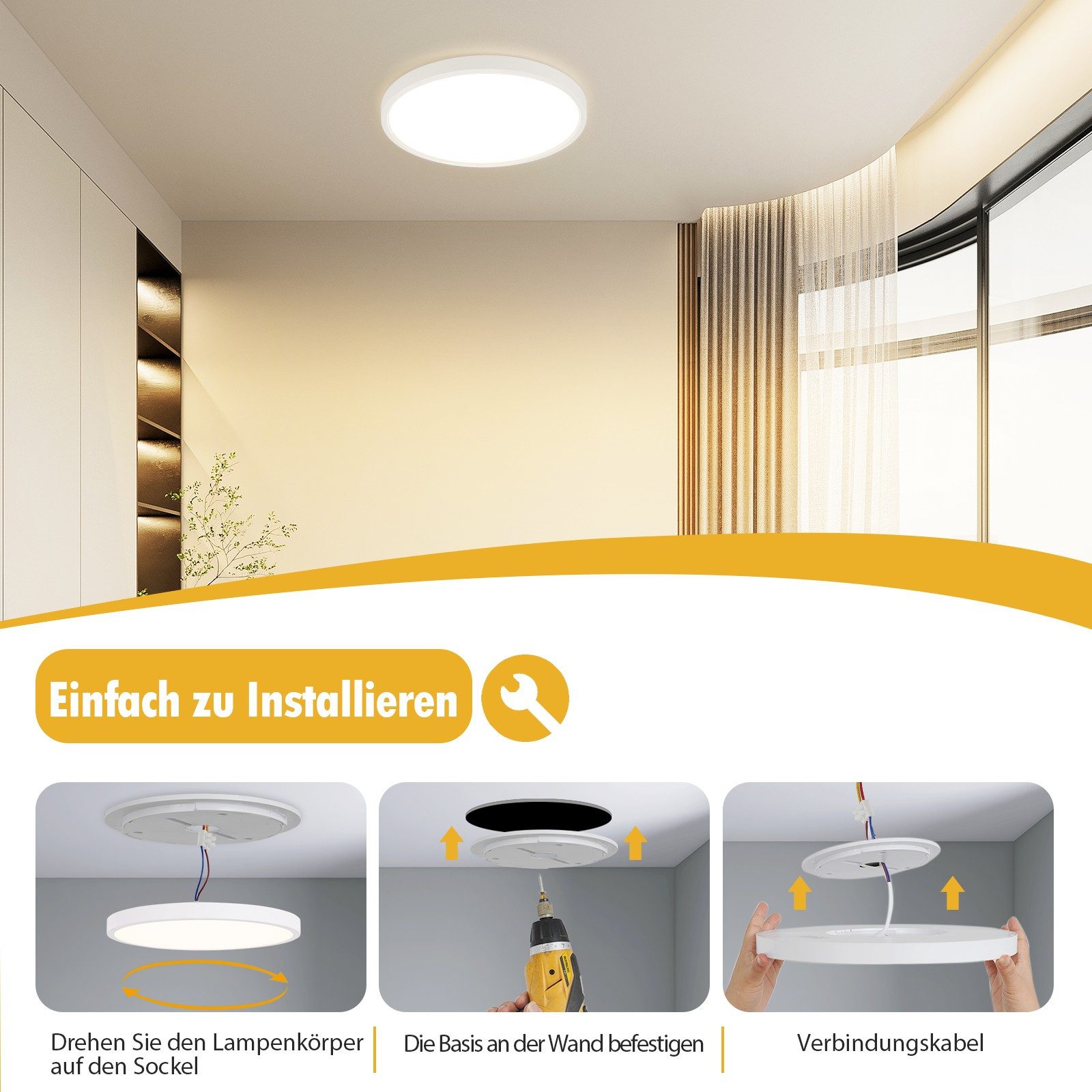 ZMH LED Deckenleuchte flach rund 18–30cm schwarz weiß Küchenlampe hell augenschonend, Augenshutz, LED fest integriert, 6000K, Modern Flurlampe – Bild 3 von 5