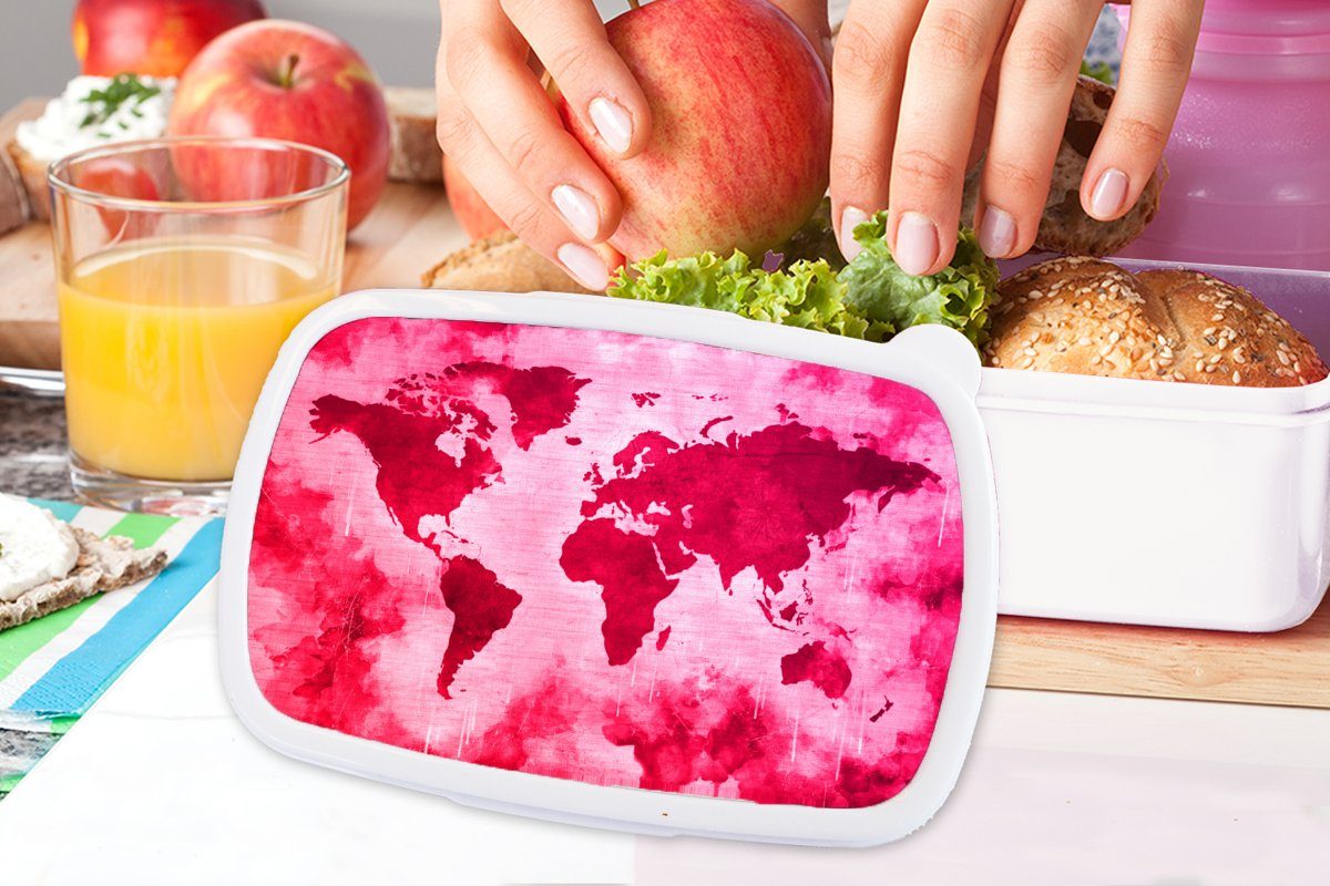 Weltkarte und (2-tlg), Kinder - Erwachsene, Kunststoff, für Rot für - weiß Mädchen Brotbox Rosa, MuchoWow und Brotdose, Jungs Lunchbox